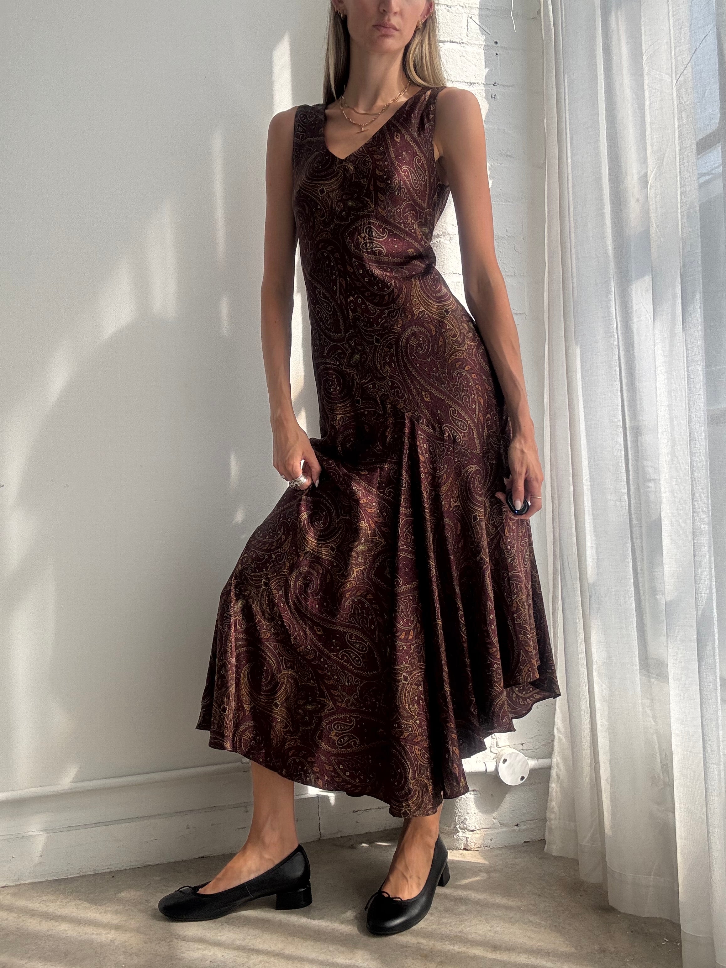 Vintage Y2K Ralph Lauren Burgundy Paisley Bias Cut Silk Maxi Dress