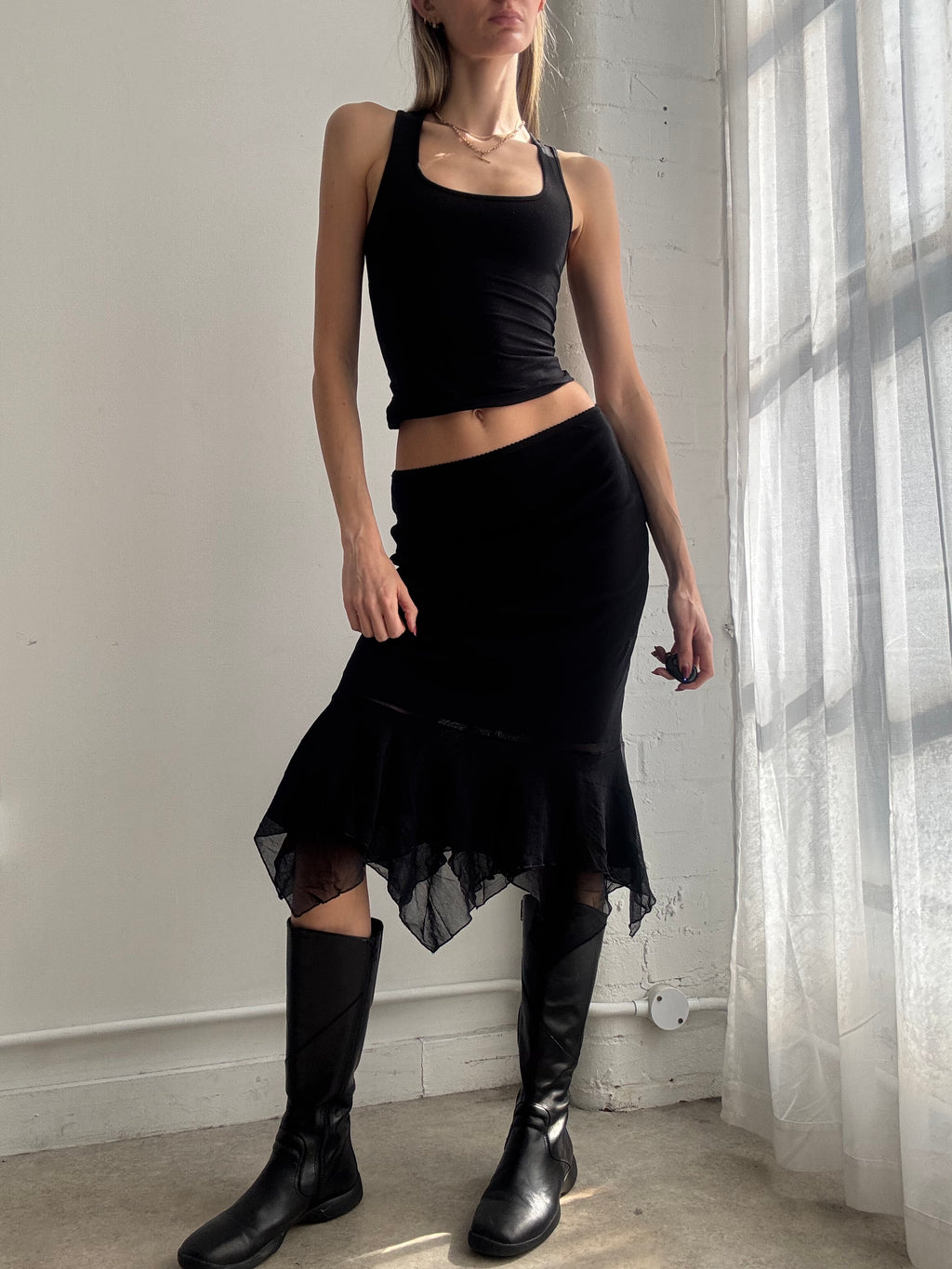 Vintage Y2k black mesh asymmetric midi skirt