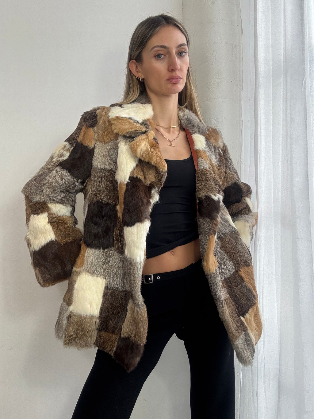 Vintage 90s patchwork rabbit fur coat