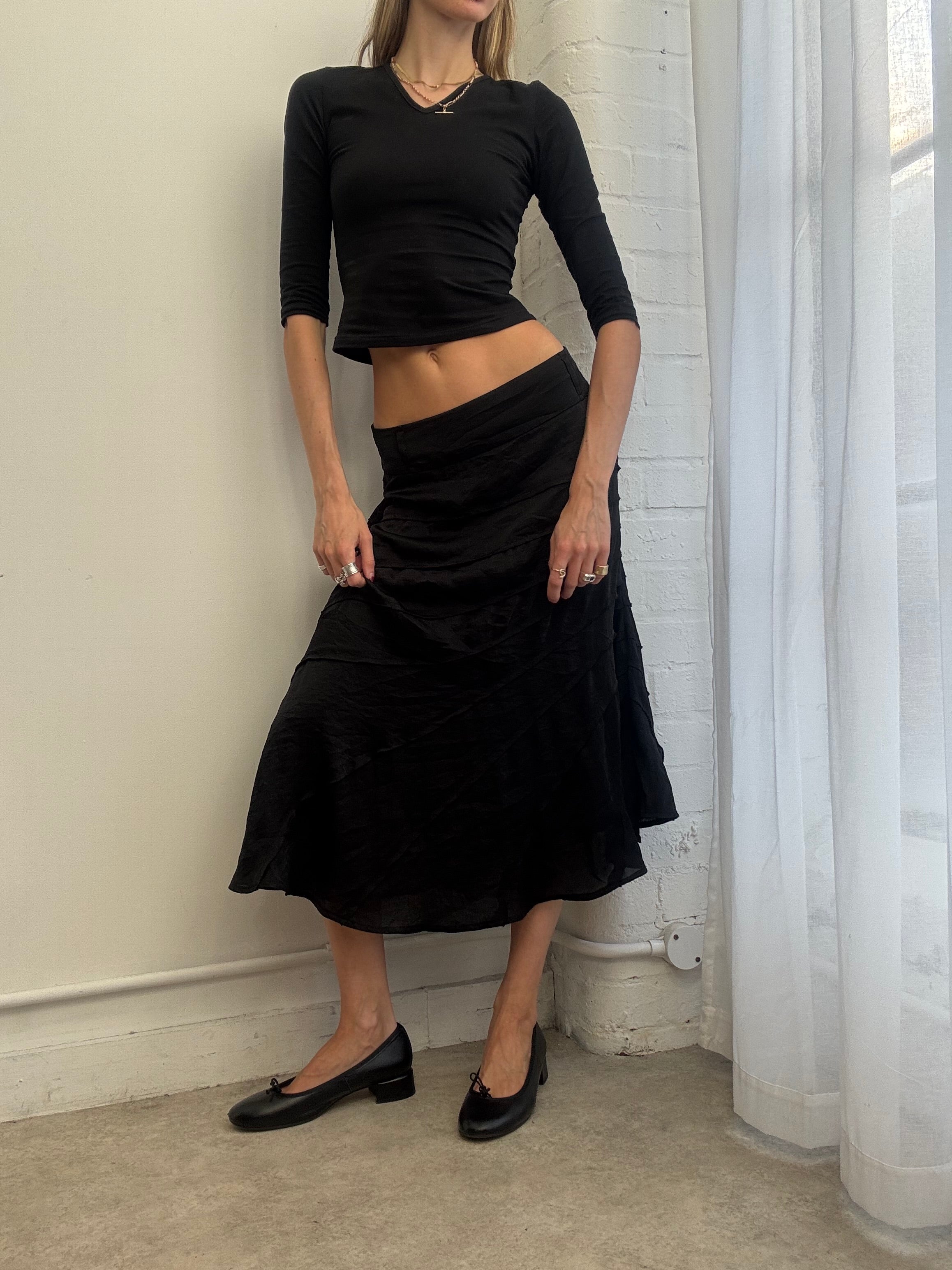 Vintage Y2K black satin midi skirt