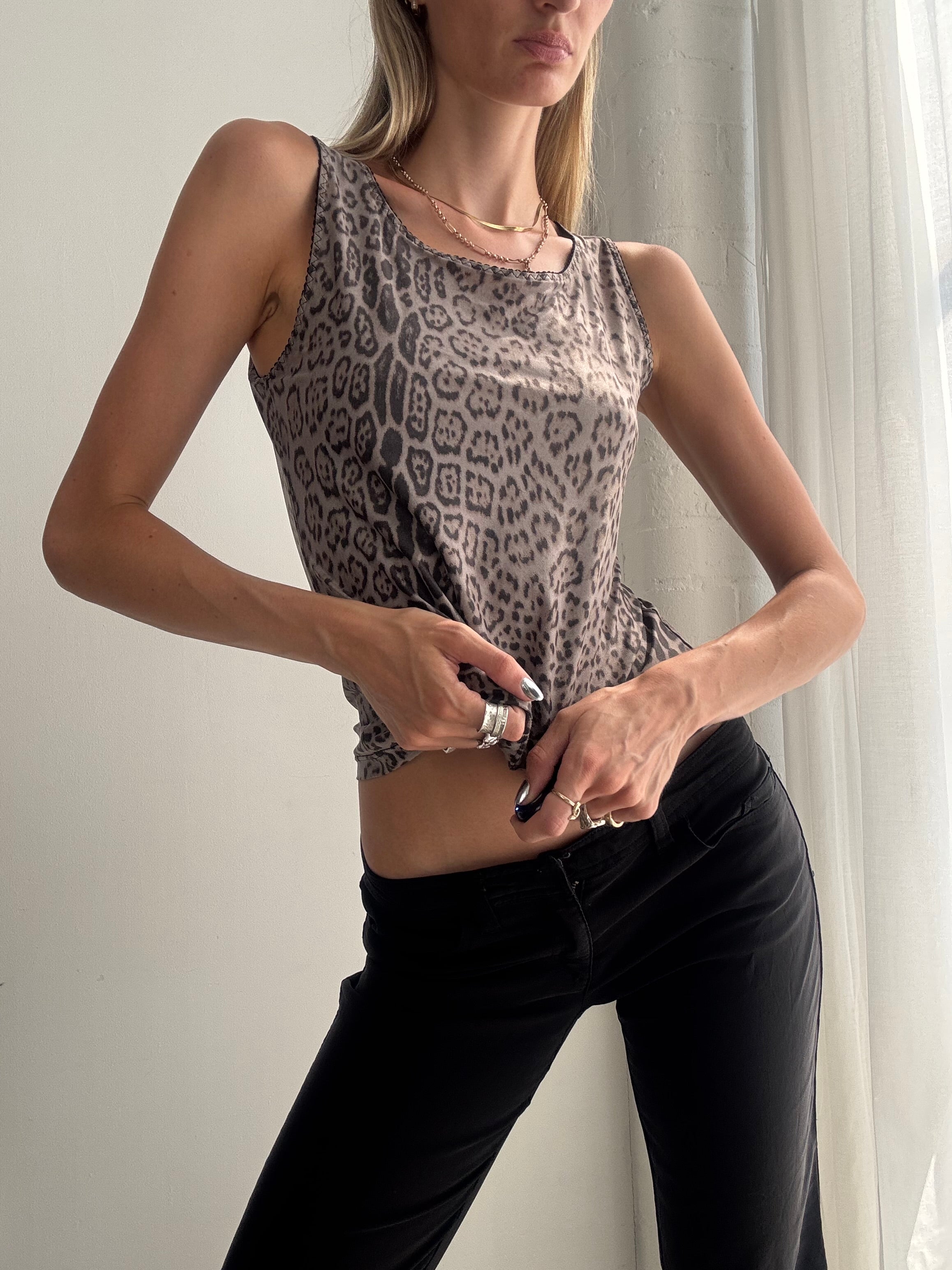 Vintage Roberto Cavalli Y2K Leopard Print Tank Top – Stretch Animal Print Sleeveless Cami - Size S