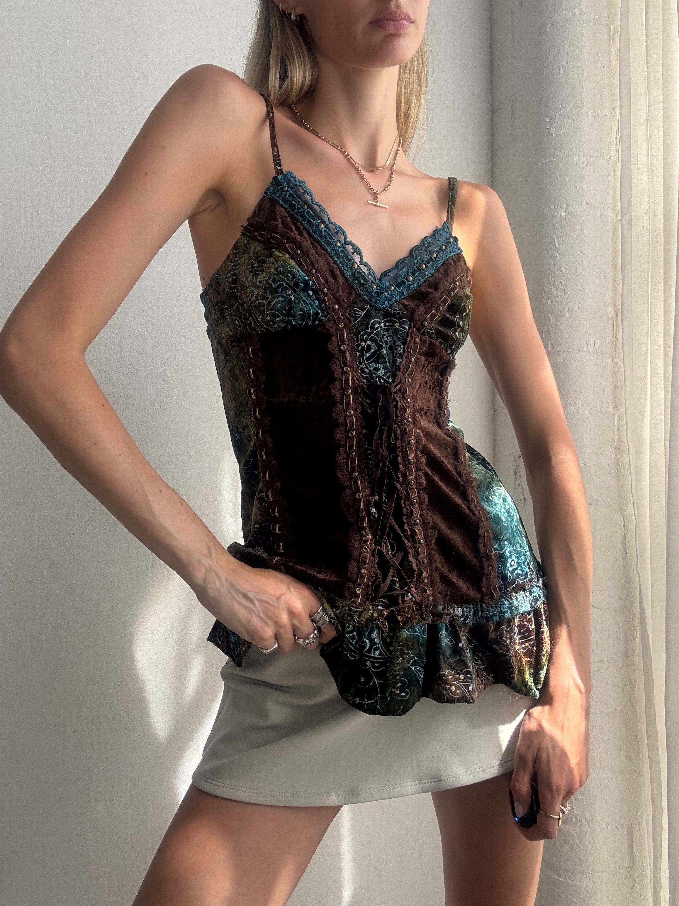 Vintage Y2K Velvet & Lace Paisley Corset Cami Top - Size XS/S