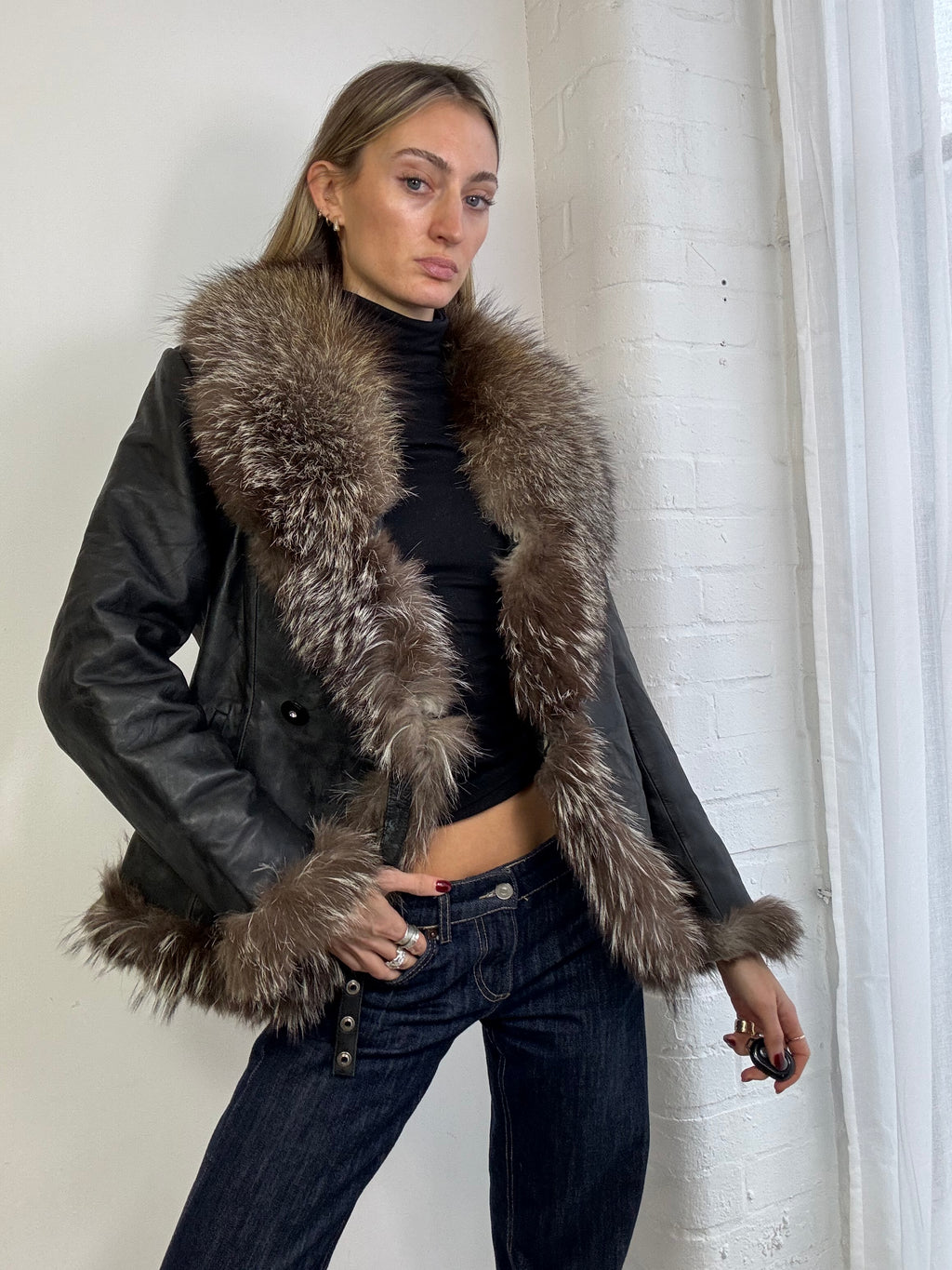 Vintage Y2K Afghan jacket black with brown fur trim