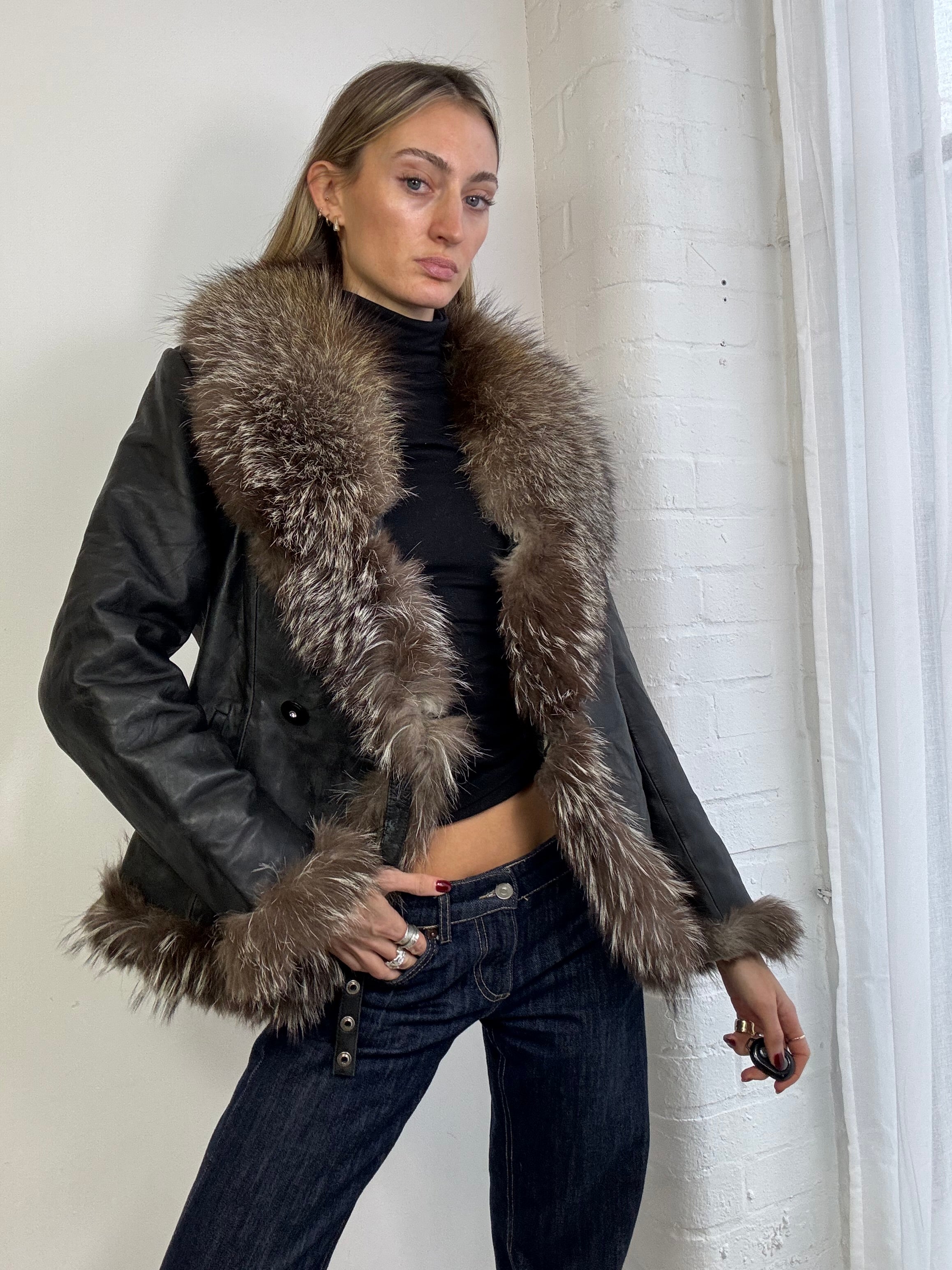 Vintage Y2K Afghan jacket black with brown fur trim