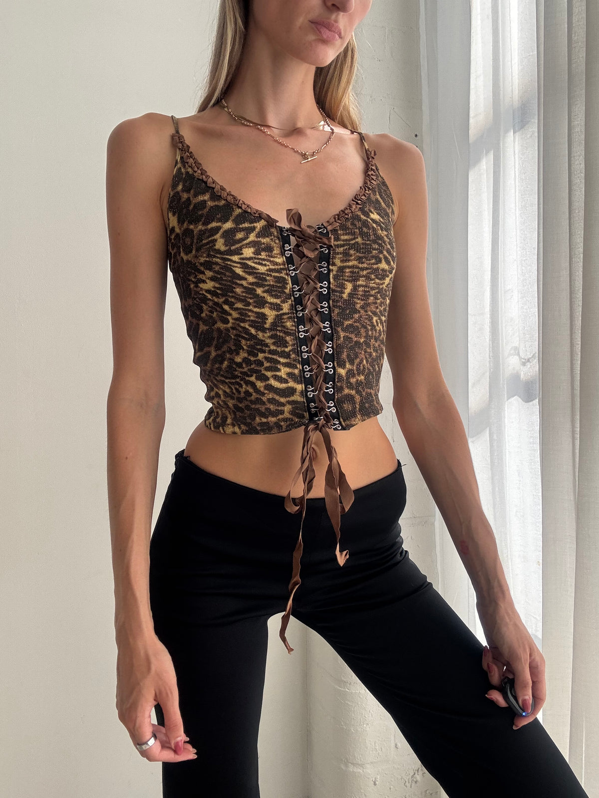 Vintage Y2K Leopard Print Lace Up Corset Cami Top - Size XS