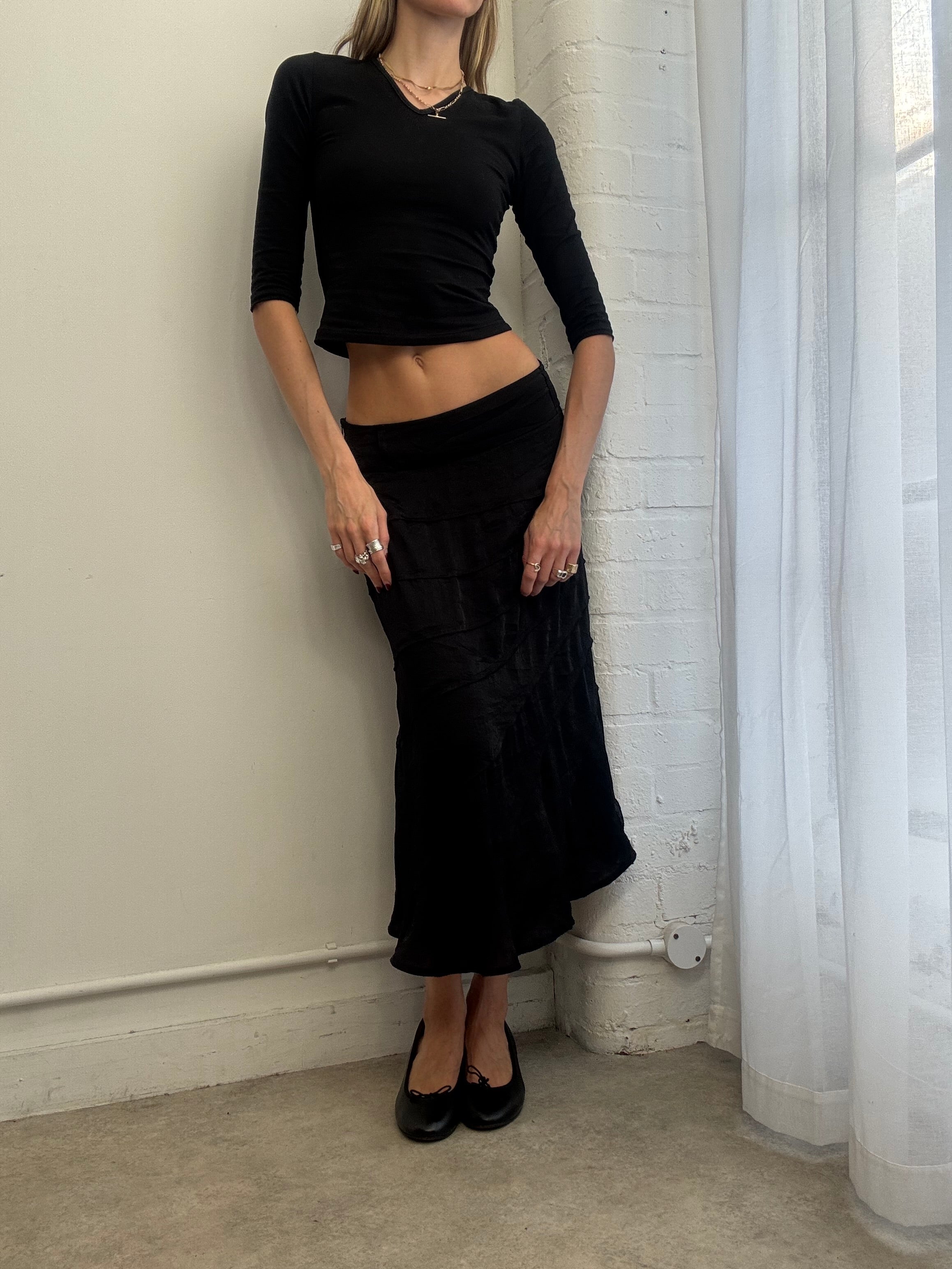 Vintage Y2K black satin midi skirt