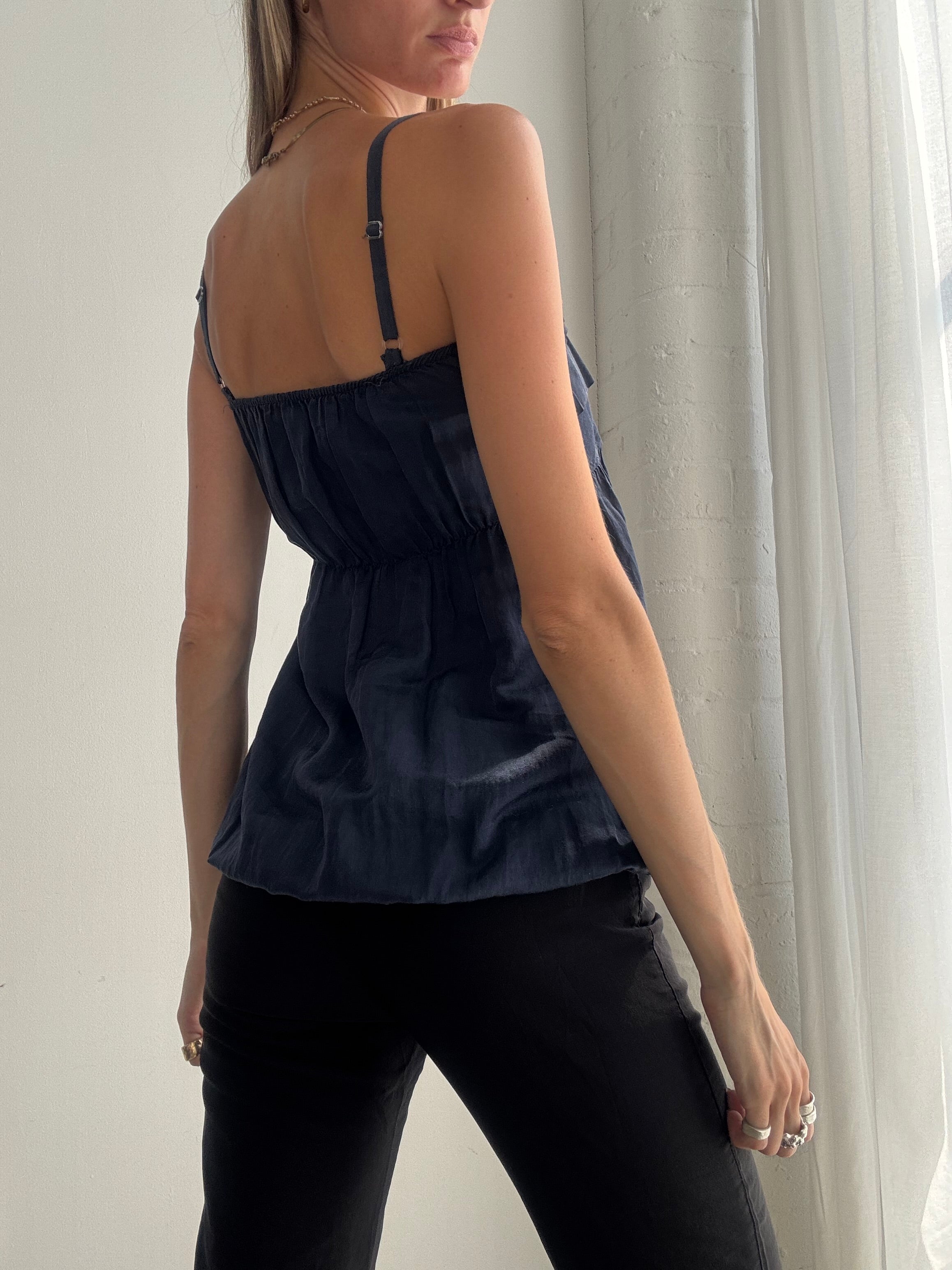 Vintage Y2K Navy Cami Top – Floral Rosette Babydoll Top - Size XS/S