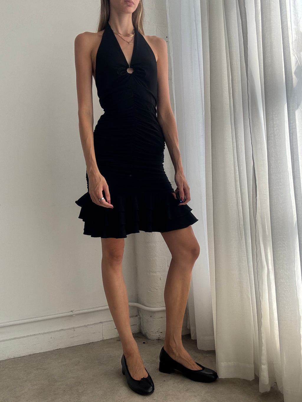 Vintage Y2K Black Halterneck Ruffle Mini Dress - Size XS