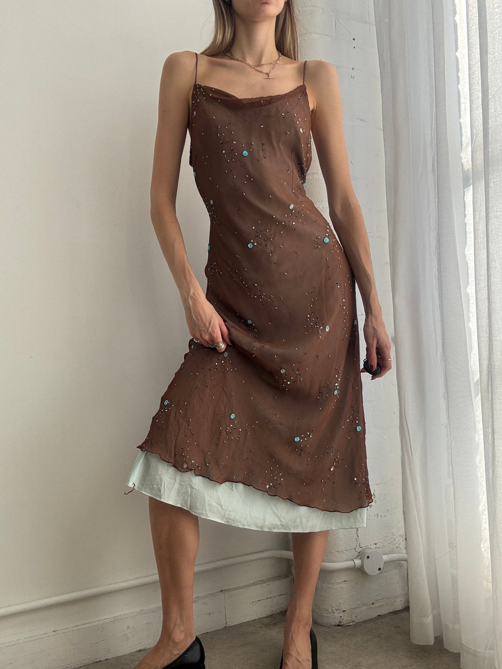 Vintage Y2K brown & blue cowl neck mesh slip dress