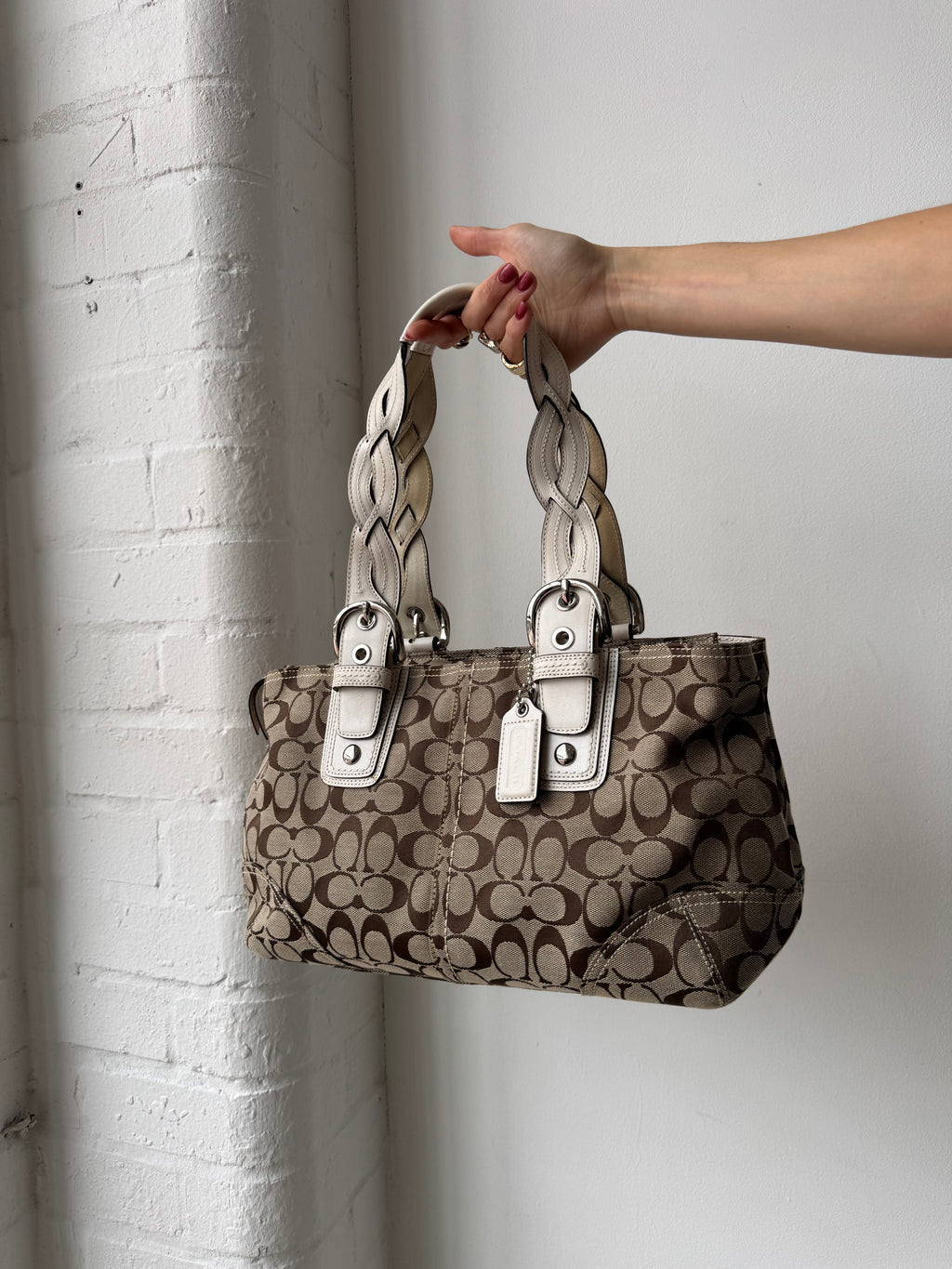 Vintage Y2K coach monogram shoulder bag brown & white leather