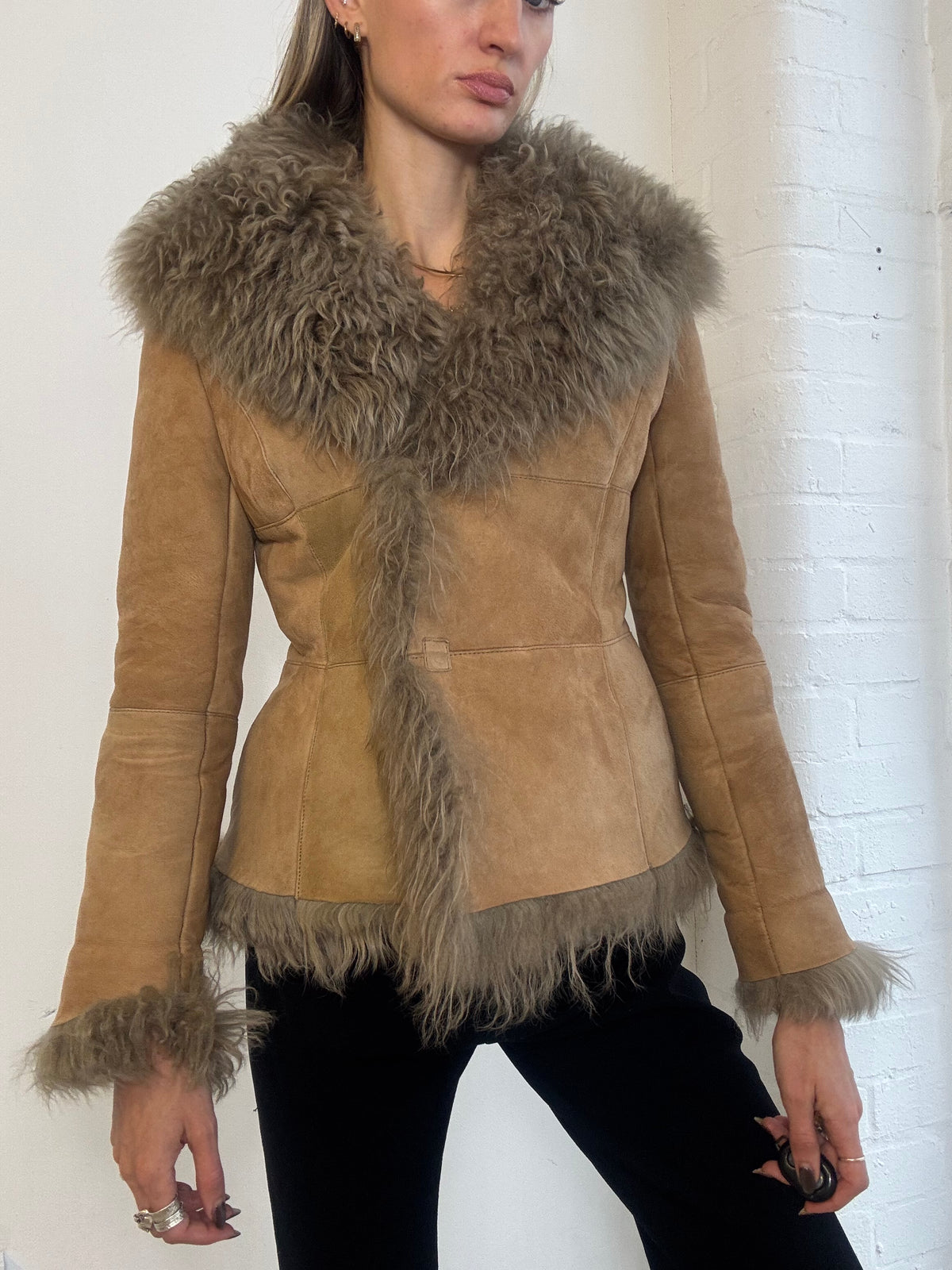 Vintage Y2K Tan Suede & Shaggy Shearling Trim Penny Lane Jacket - Size XS
