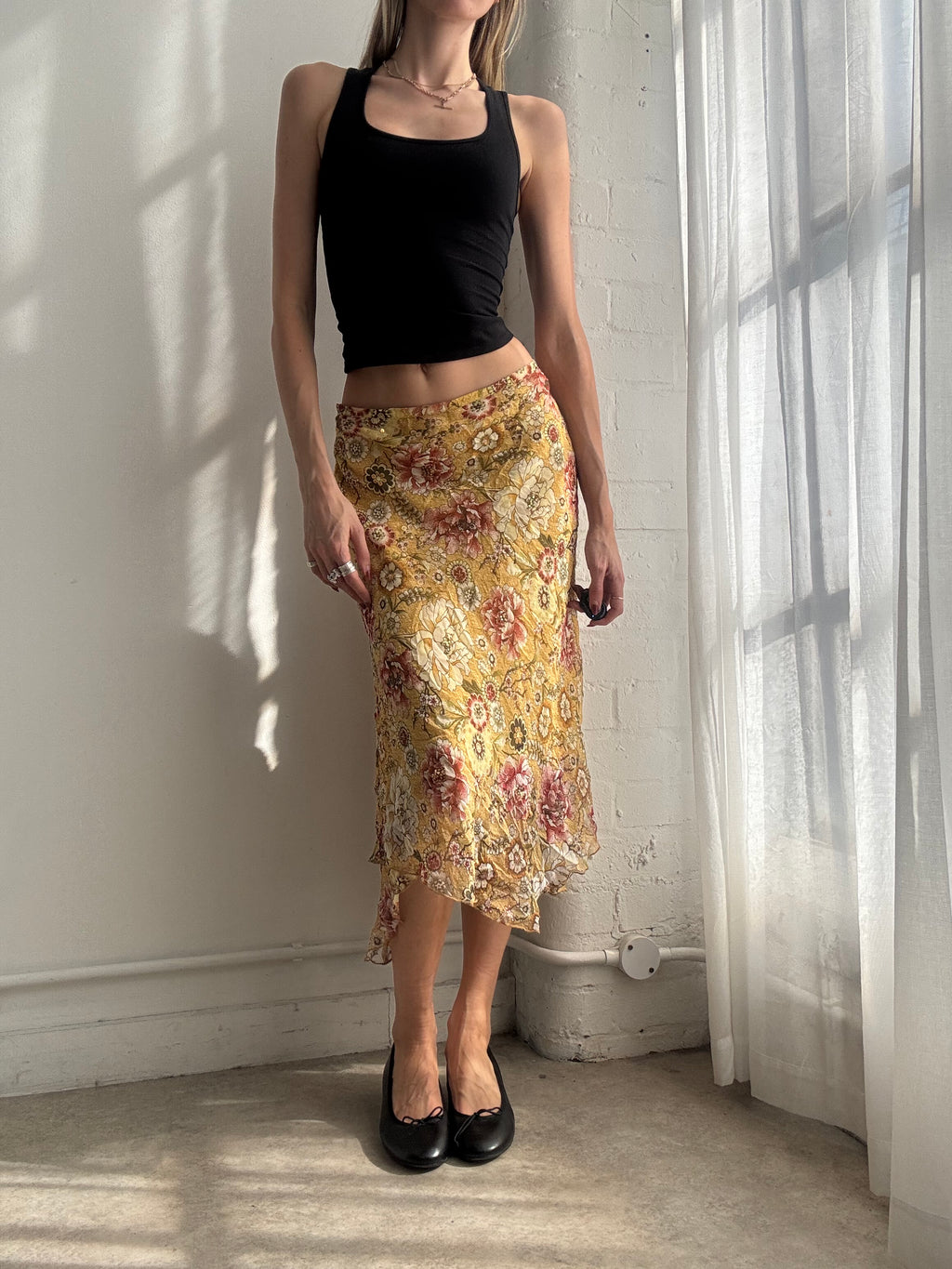 Vintage Y2K yellow silk floral beaded midi skirt asymmetric fairy