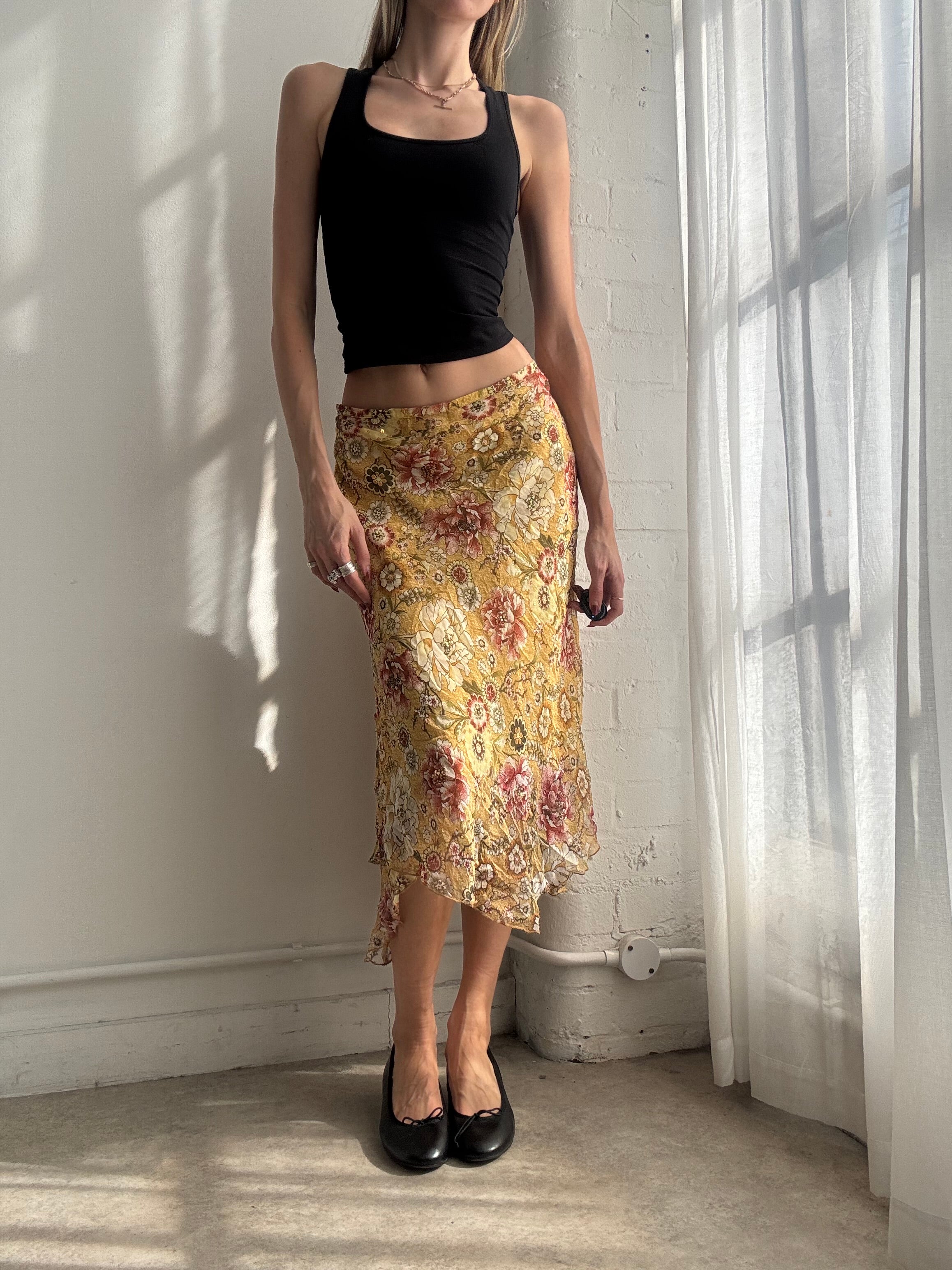 Vintage Y2K yellow silk floral beaded midi skirt asymmetric fairy