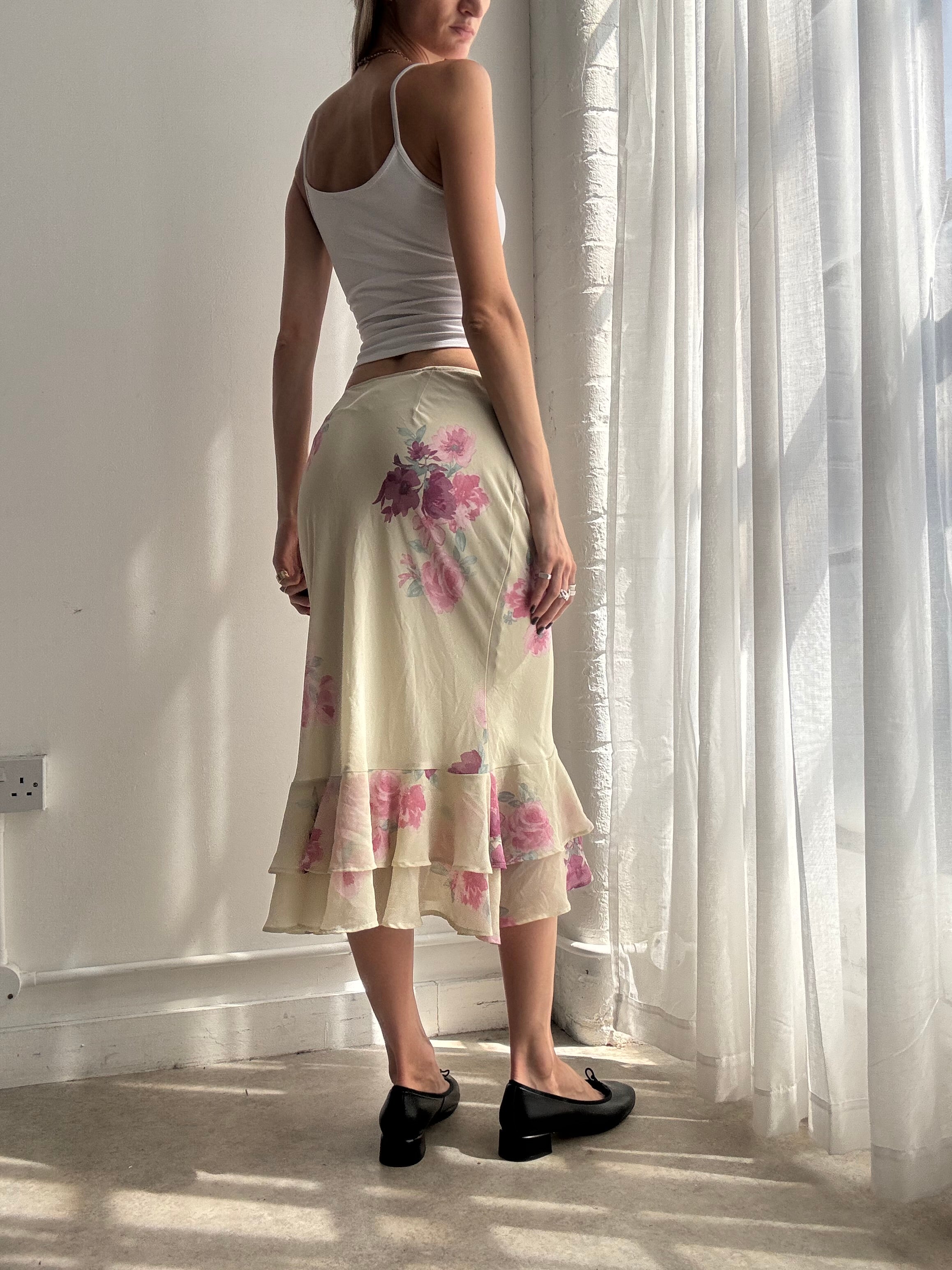 Vintage y2k green floral ruffle hem mesh midi skirt - Size XS