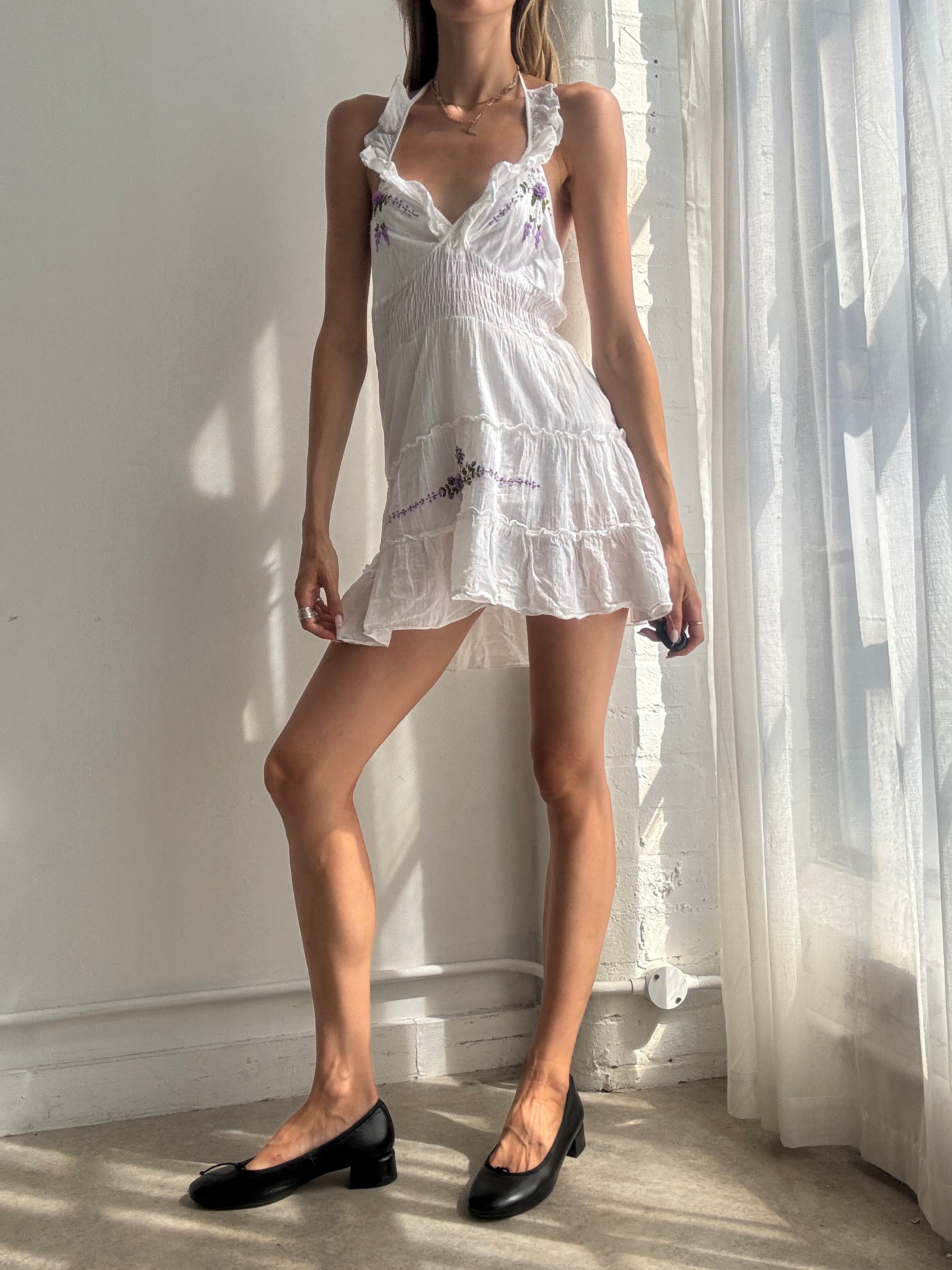 Vintage Y2K White Cotton Ruffle Trim Halter Mini Dress - Size S/M