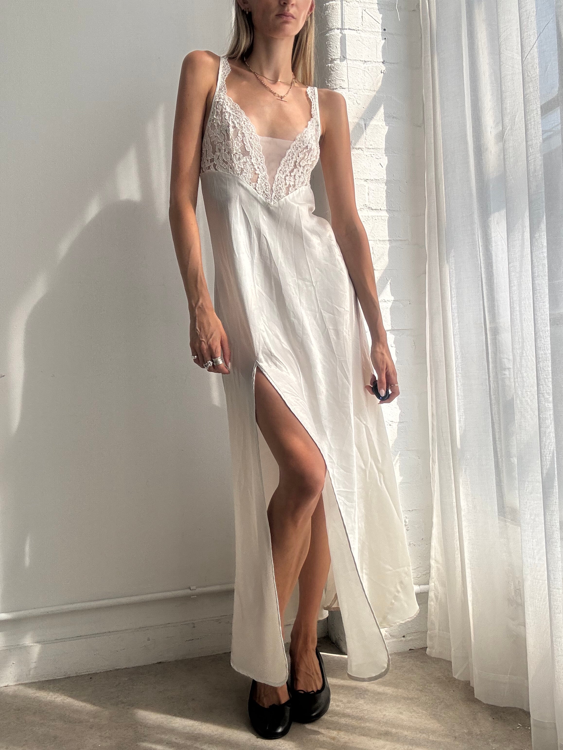 Vintage 90's Victoria's Secret Ivory Lace Trim Satin Maxi Slip Dress - Size M