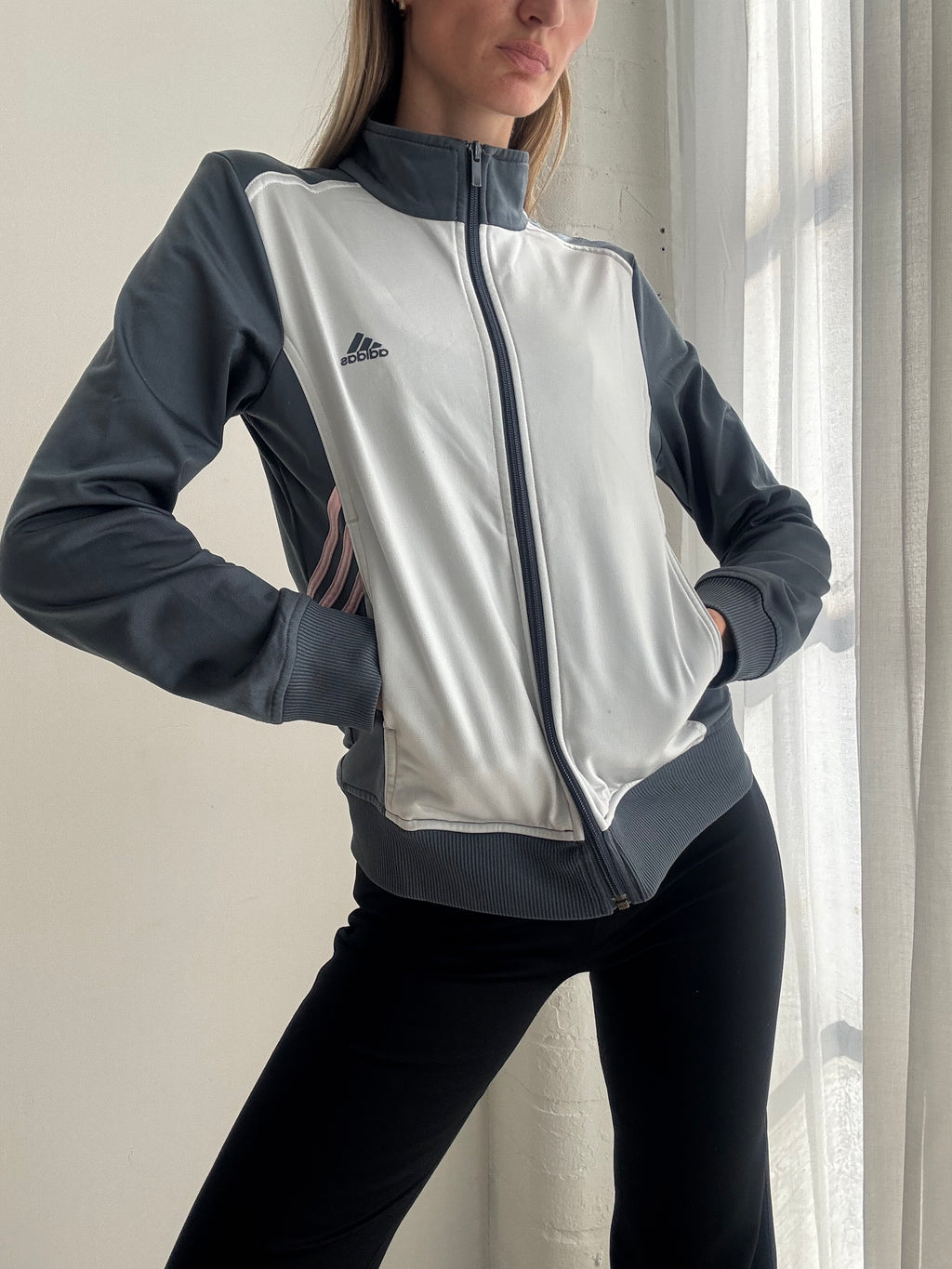 Vintage Y2K Adidas Grey & Blue Track Jacket - Size S