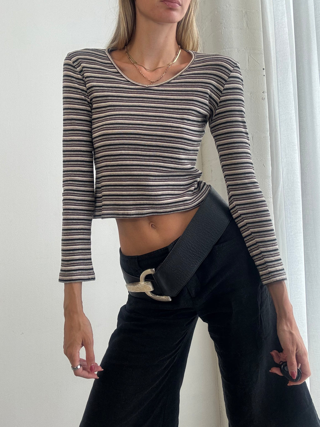 Vintage Y2K Brown & Cream Striped Long Sleeve Top - Size S