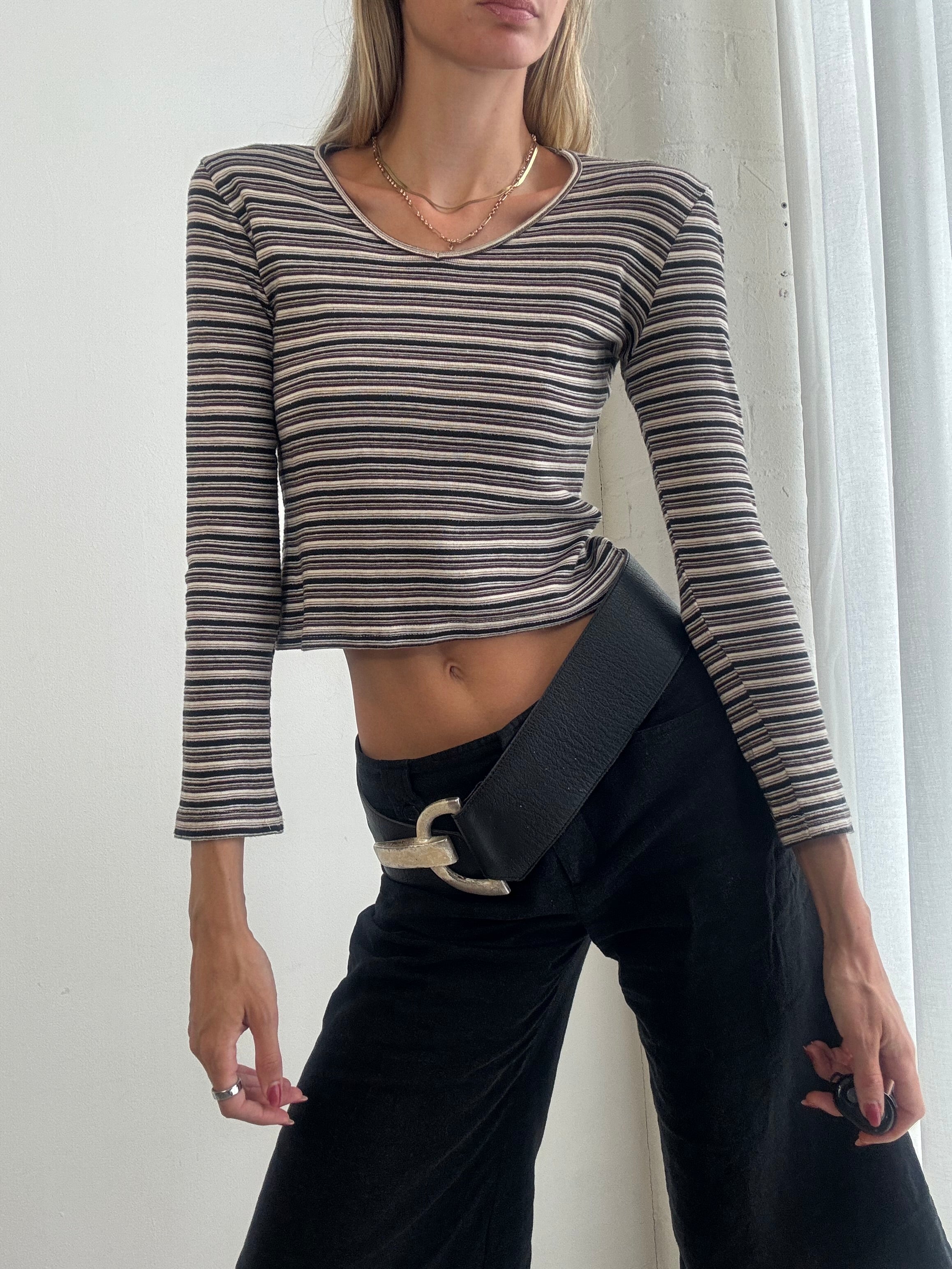 Vintage Y2K Brown & Cream Striped Long Sleeve Top - Size S