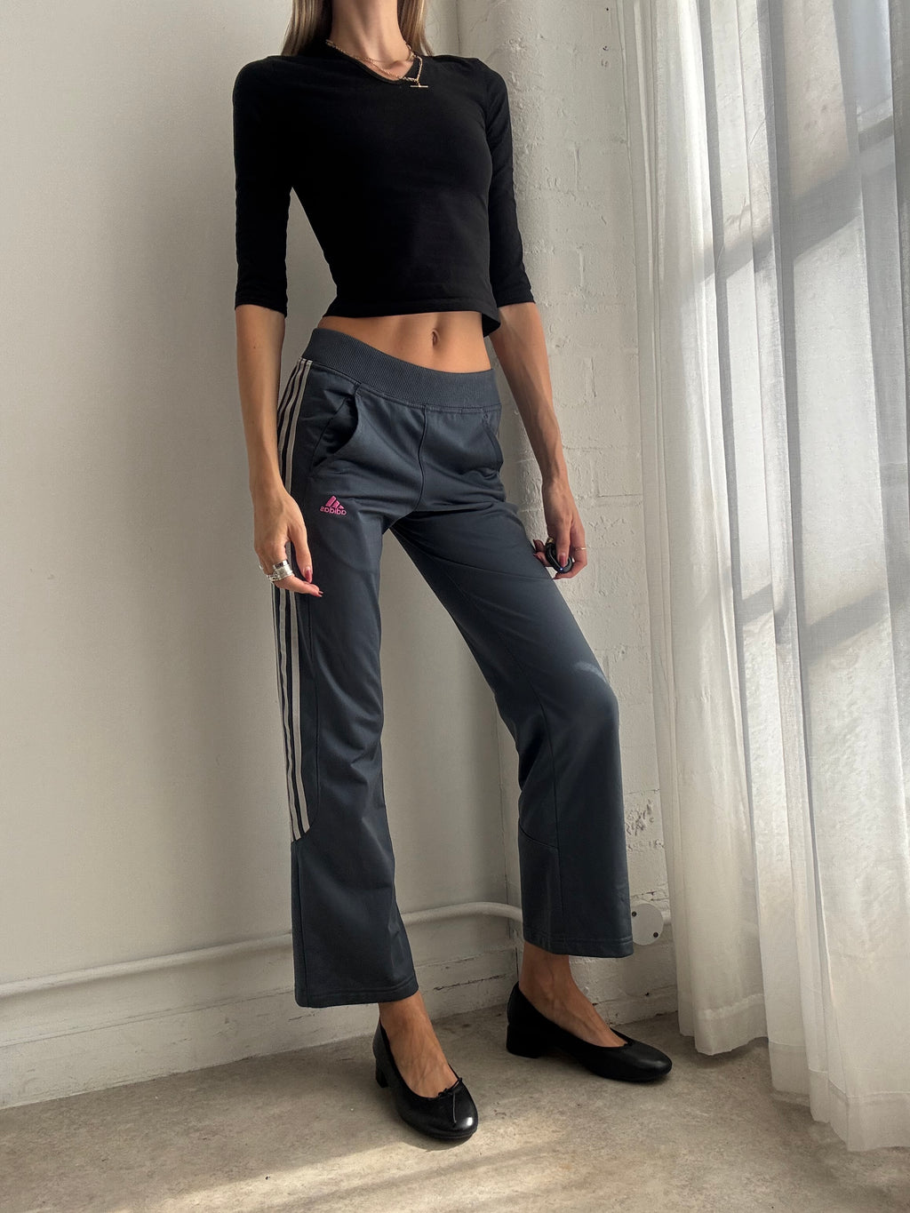 Vintage Y2K Adidas Grey Three Stripe Cropped Trousers - Size XS