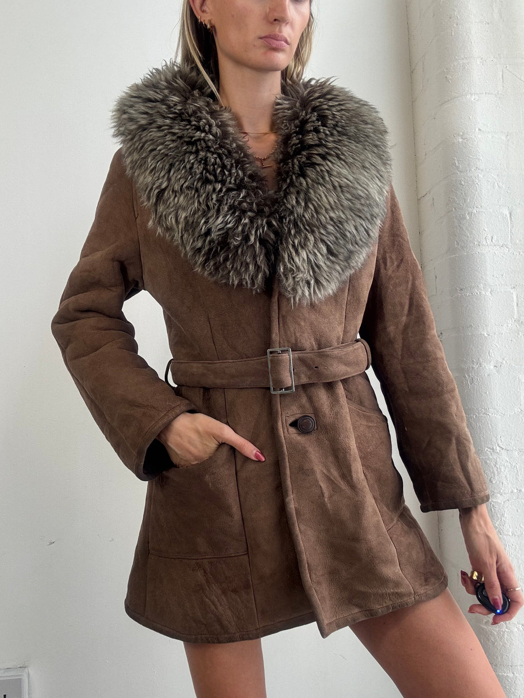 Vintage Y2K Brown Suede Sheepskin Belted Fur Collar Coat - Size M