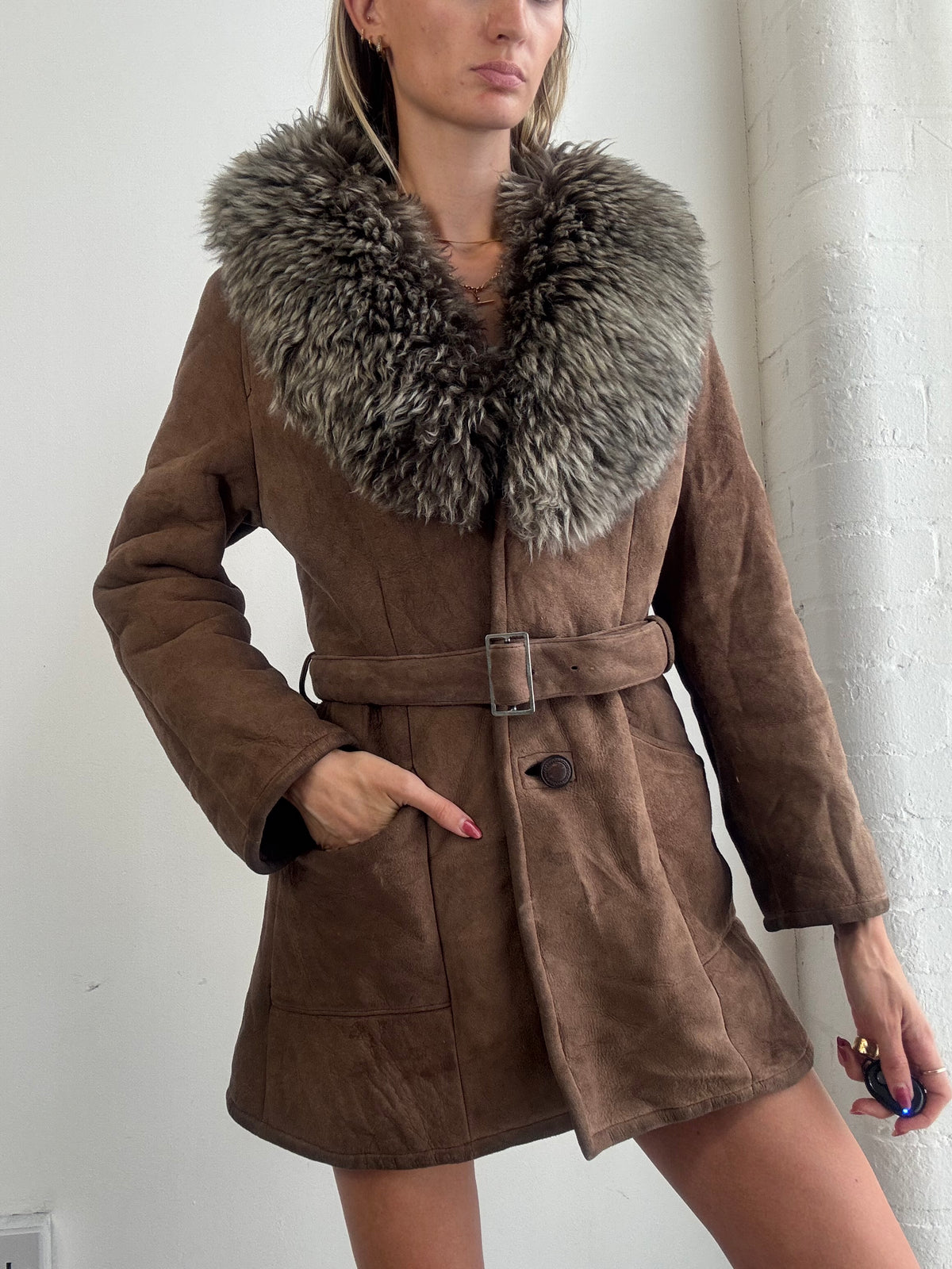 Vintage Y2K Brown Suede Sheepskin Belted Fur Collar Coat - Size M