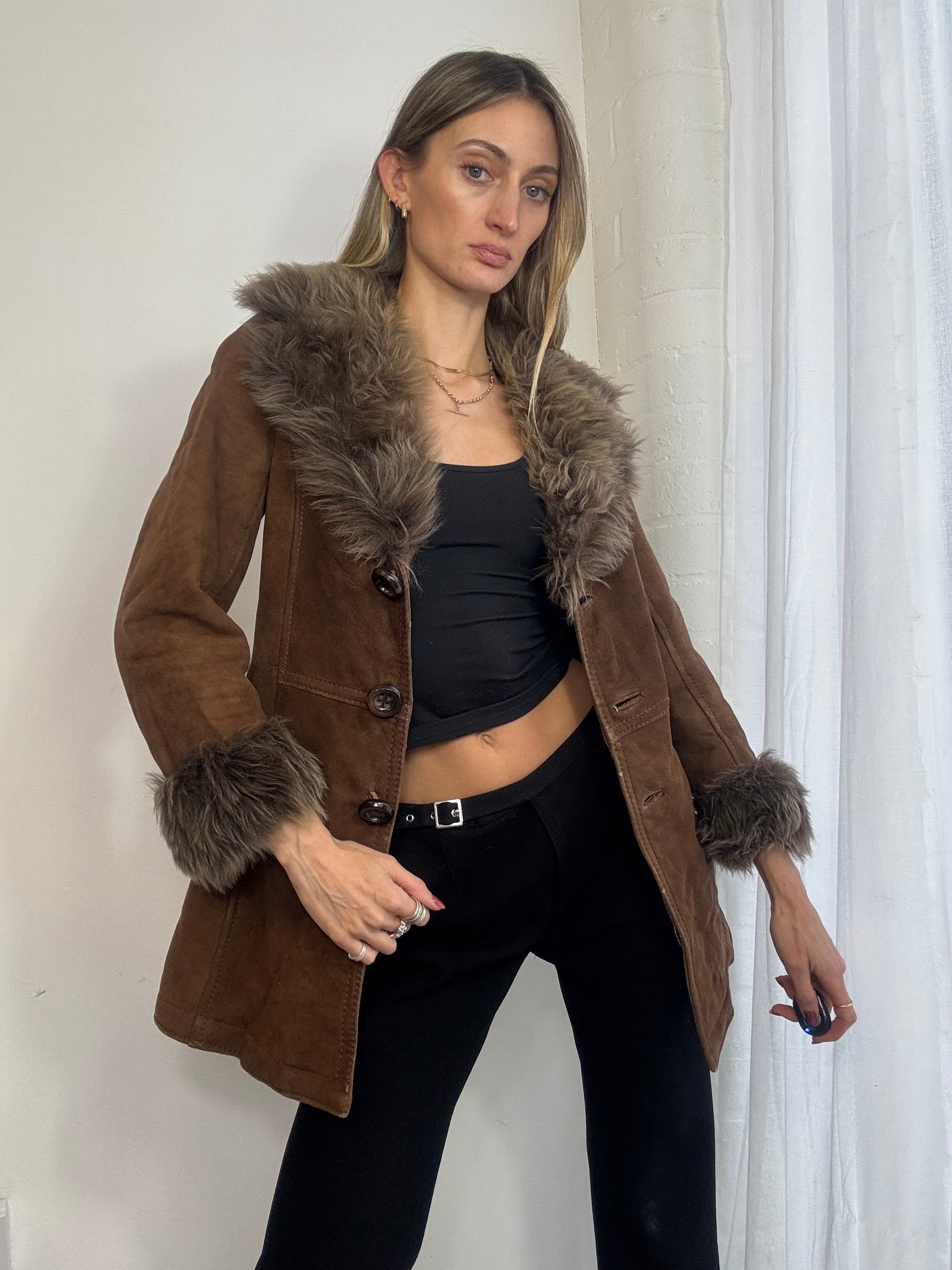 Vintage sheepskin suede coat brown