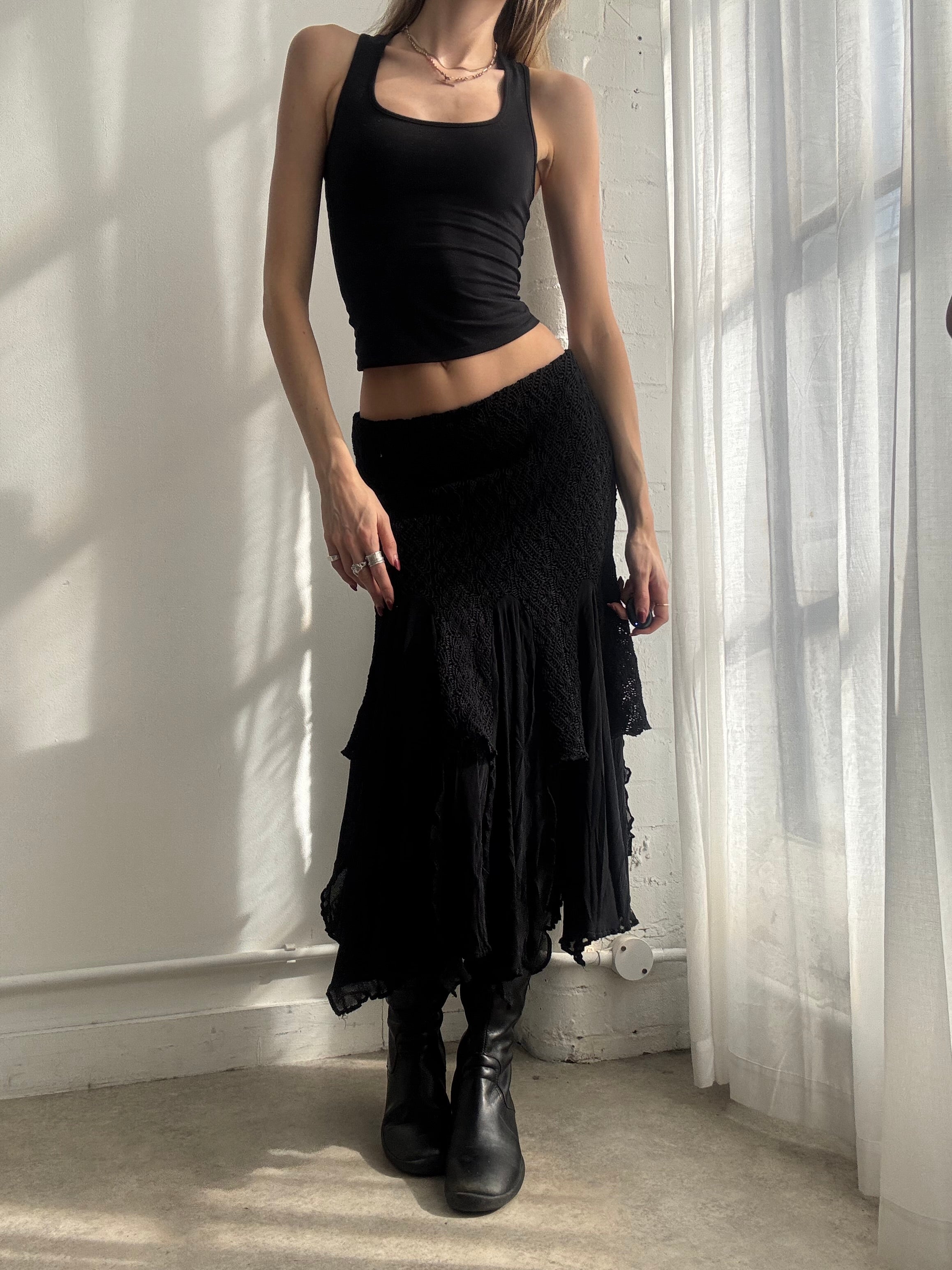 Vintage Y2K black crochet tiered ruffle midi skirt