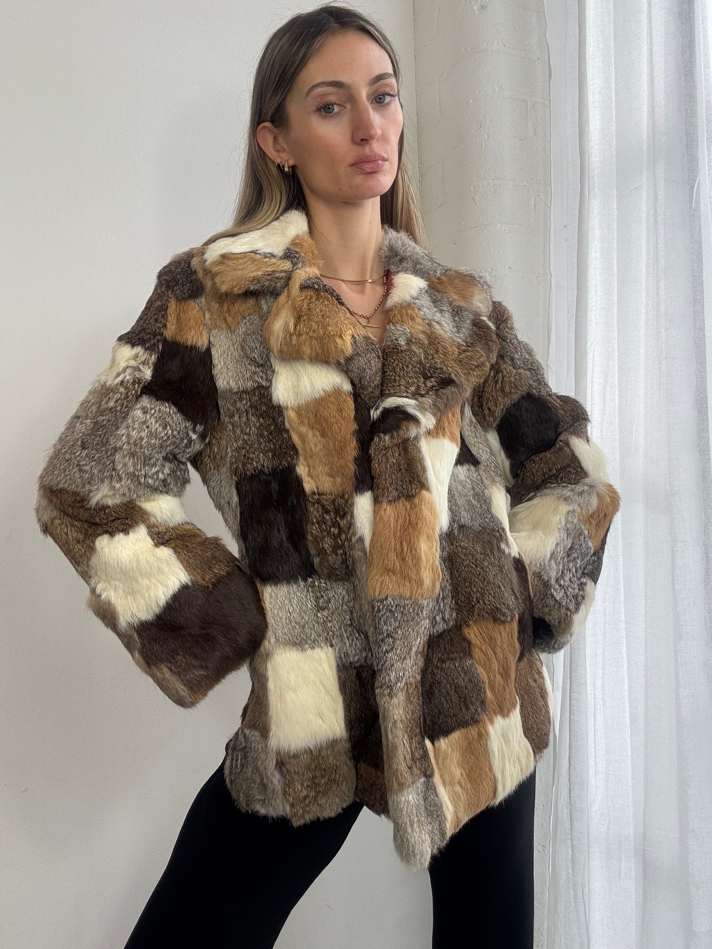 Vintage 90s patchwork rabbit fur coat