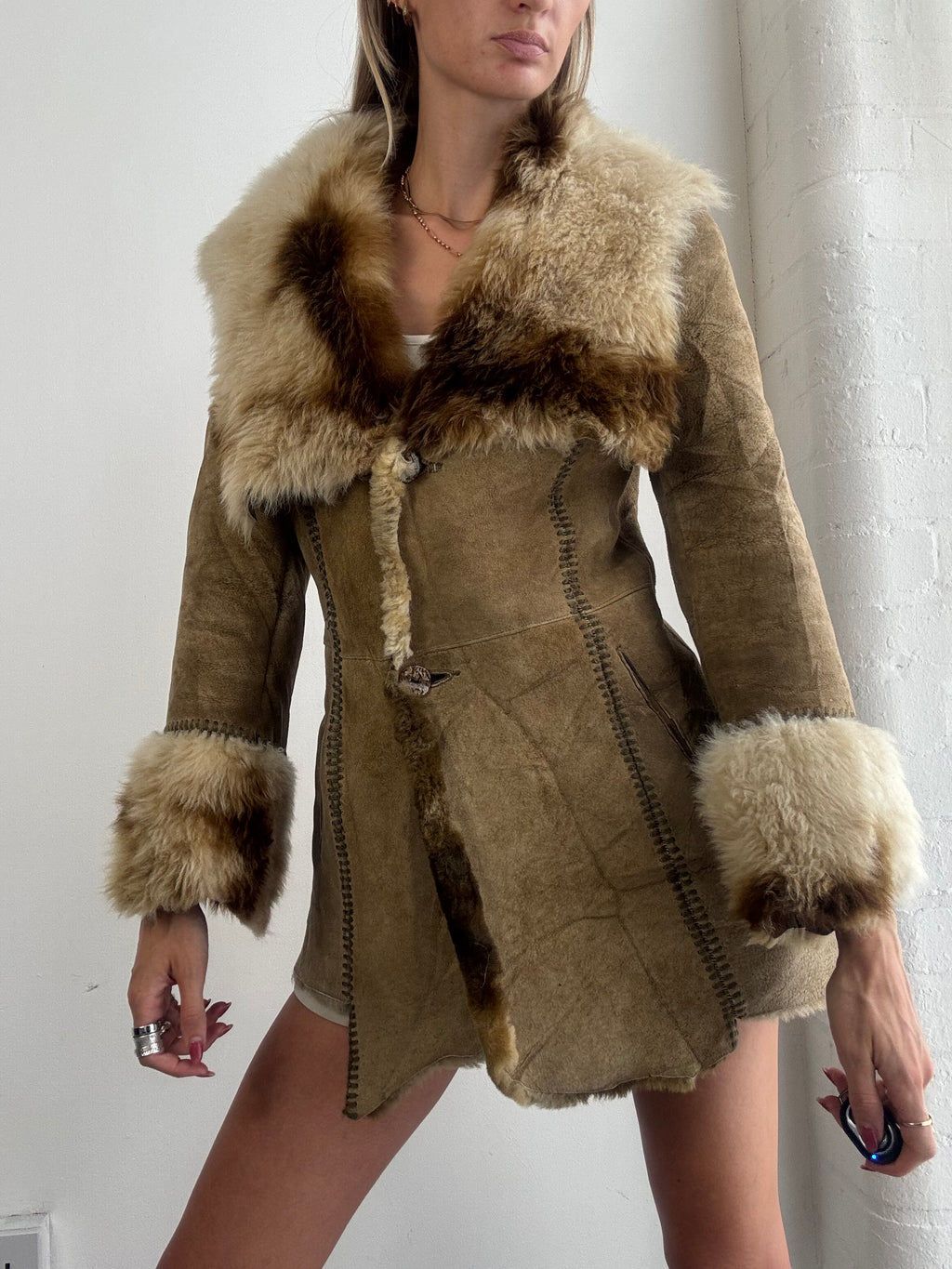 Vintage Y2K Tan Suede Fur Trim Afghan Shearling Coat - Size S