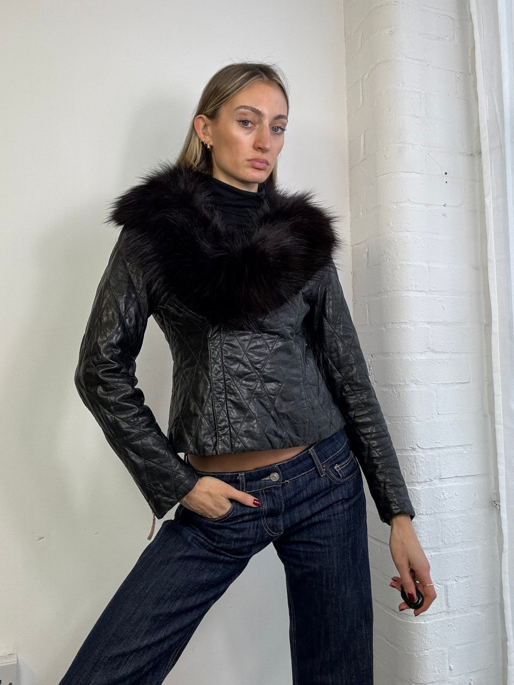 Vintage Y2K asymmetric leather biker jacket with fur trim