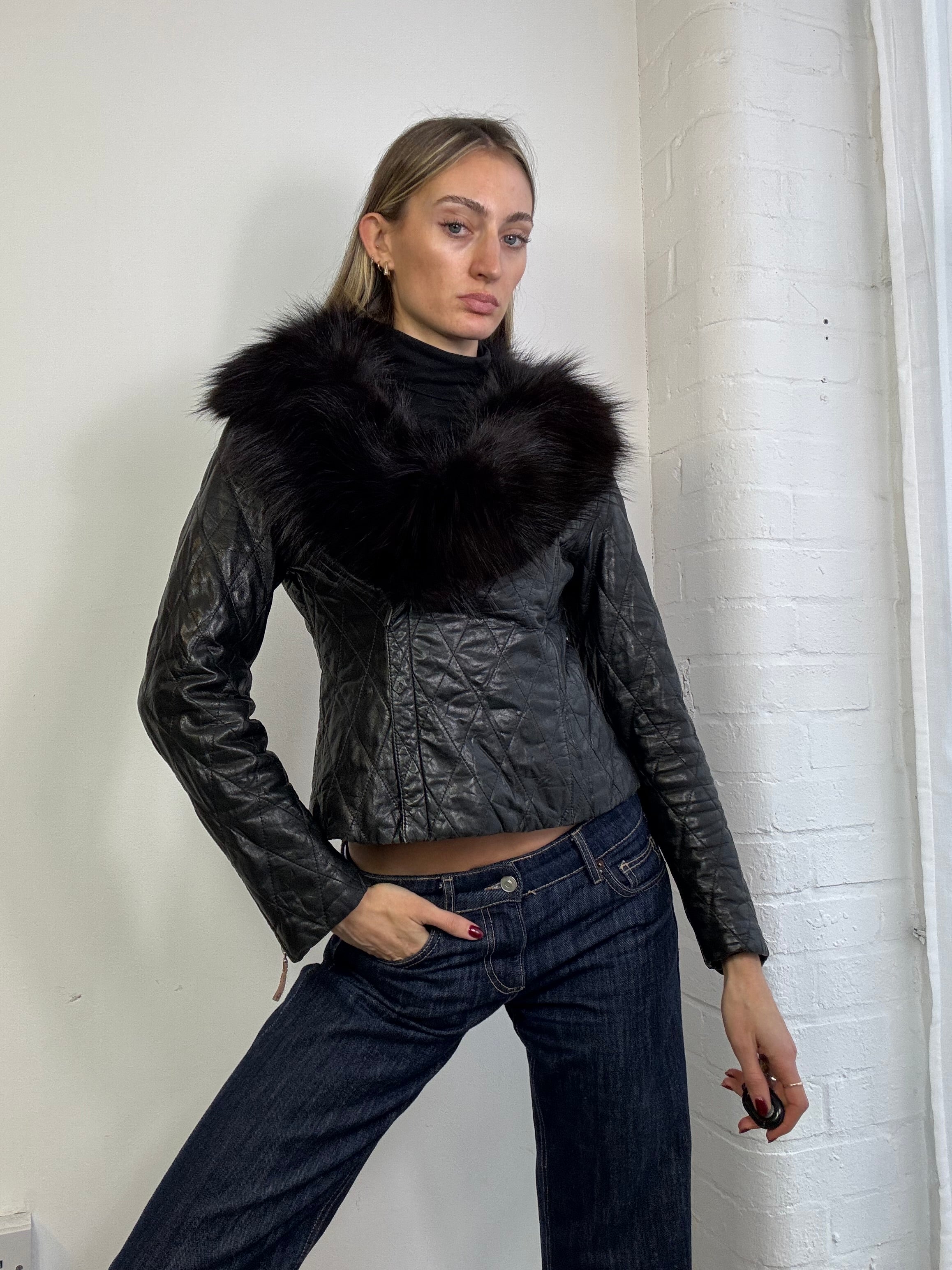 Vintage Y2K asymmetric leather biker jacket with fur trim