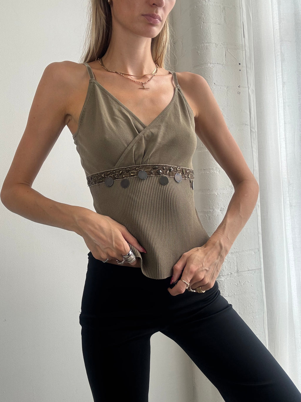 Vintage Y2K Khaki Embellished Coin Trim Cami Top - Size S/M