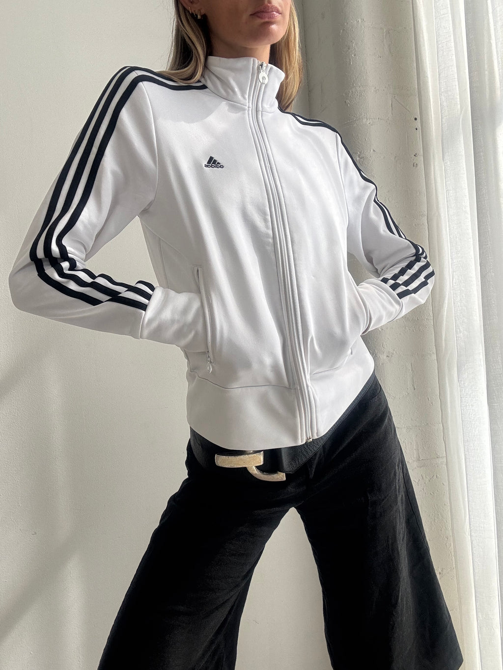 Vintage Y2K Adidas White 3 Stripe Track Jacket - Size M