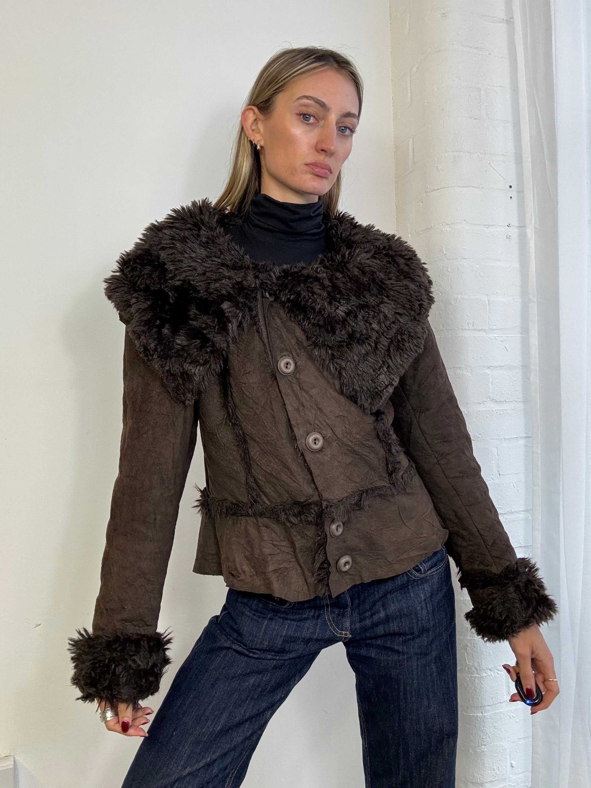 Vintage Y2K faux fur asymmetric jacket