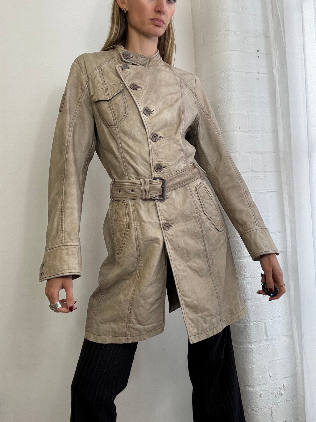 Vintage Y2K asymmetric leather trench coat belted