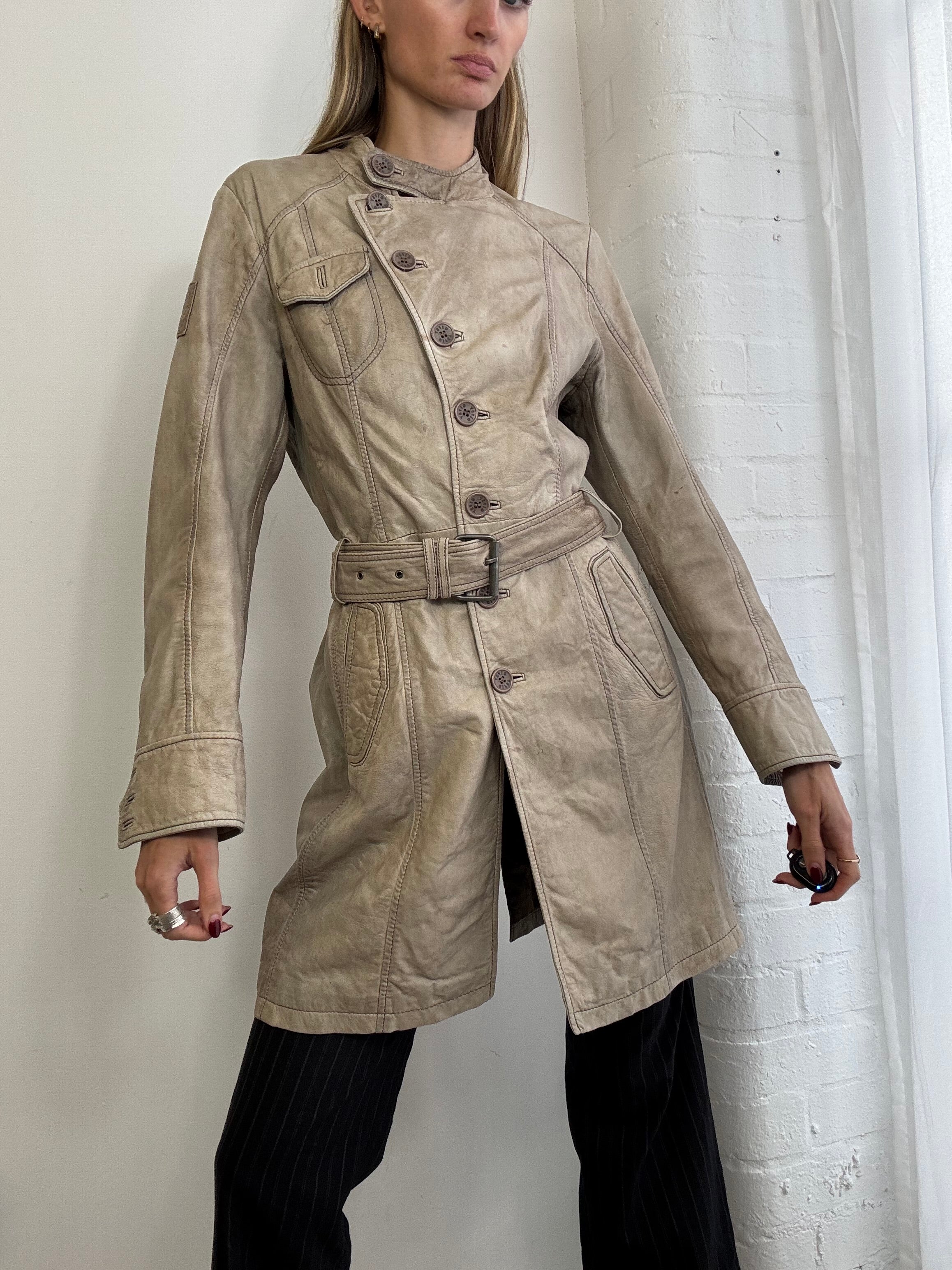 Vintage Y2K asymmetric leather trench coat belted