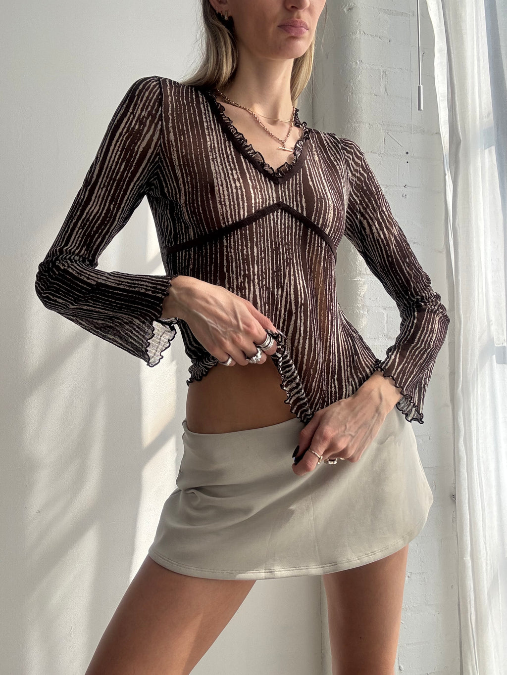 Vintage Y2K sheer striped long sleeve mesh top - Size S