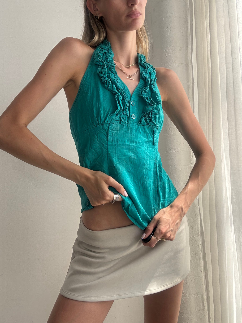 Vintage Y2K Turquoise Ruffle Halterneck Top - Size M