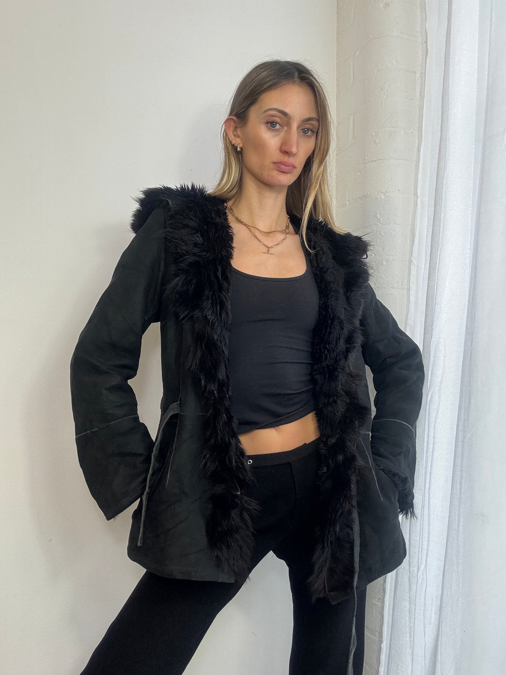 Vintage Y2K black suede sheepskin hooded coat fur trim