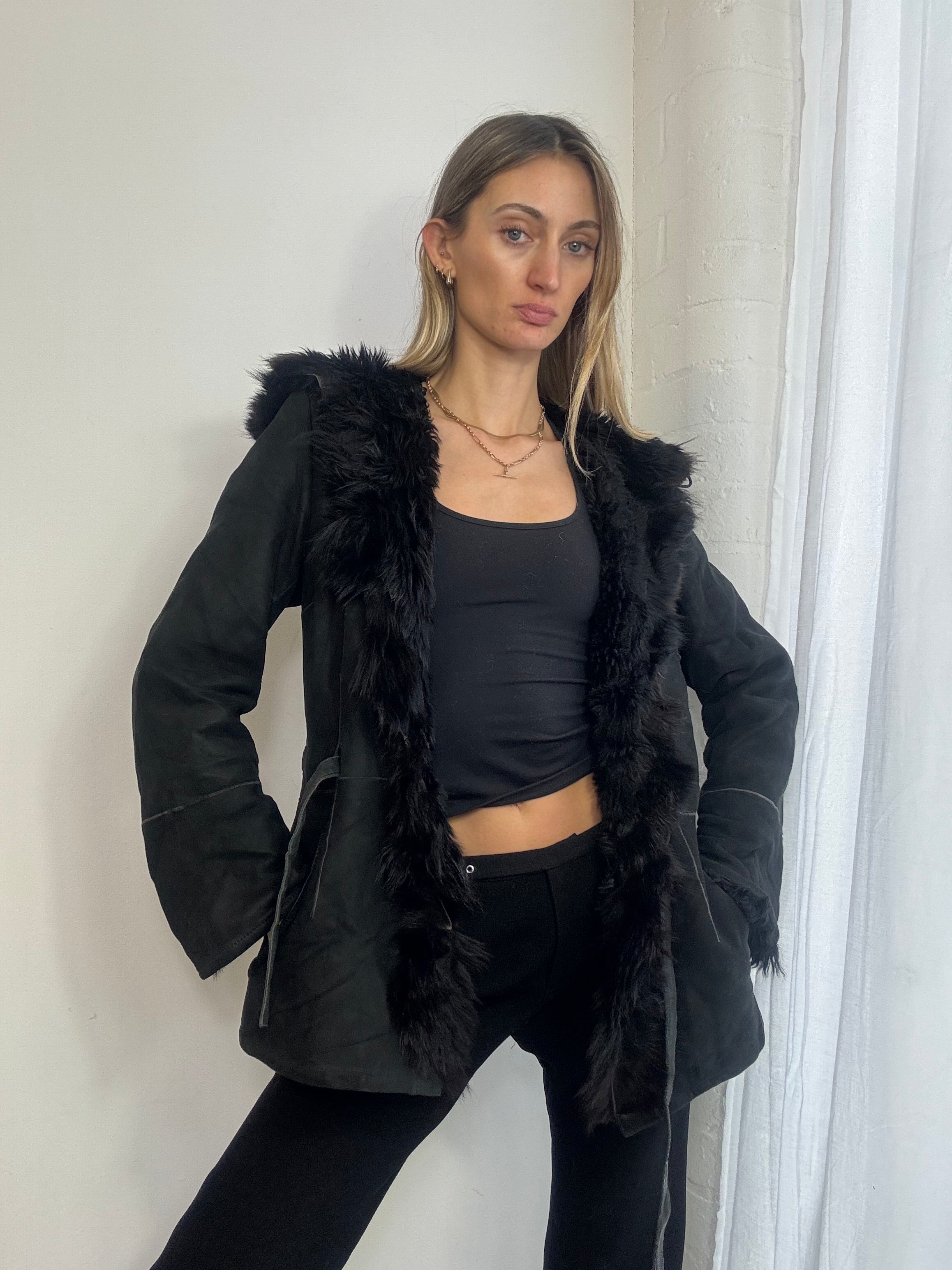 Vintage Y2K black suede sheepskin hooded coat fur trim