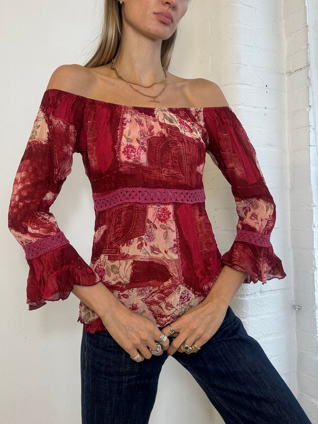 Vintage Y2K Red Floral Patchwork Bardot Peasant Top - Size S/M