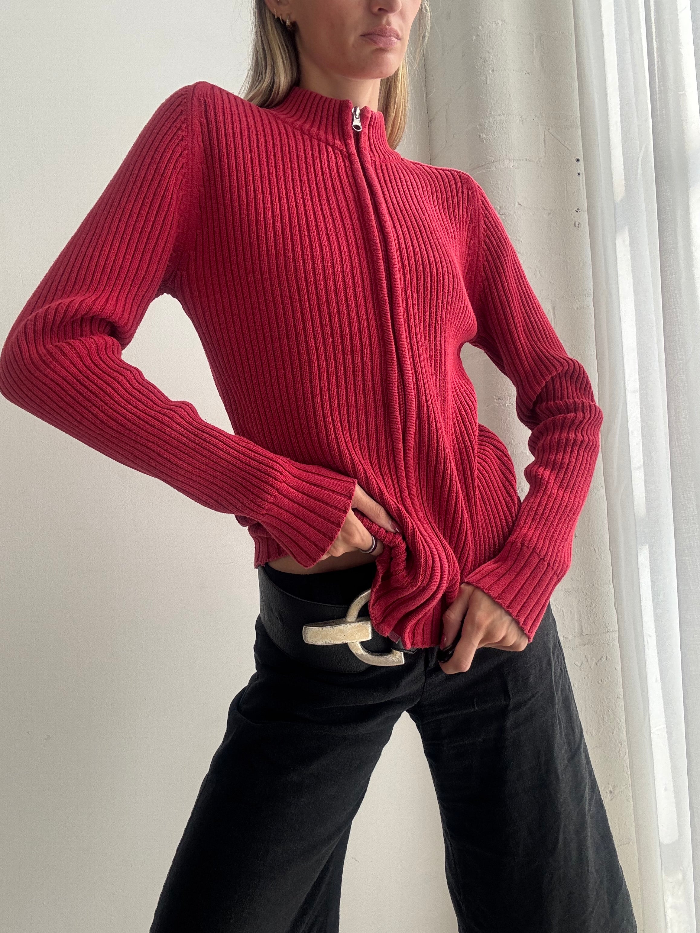 Vintage Y2K Red Ribbed Zip Up Cardigan - Size M