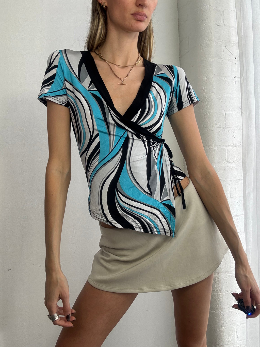 Vintage Y2K blue swirl wrap top - Size S