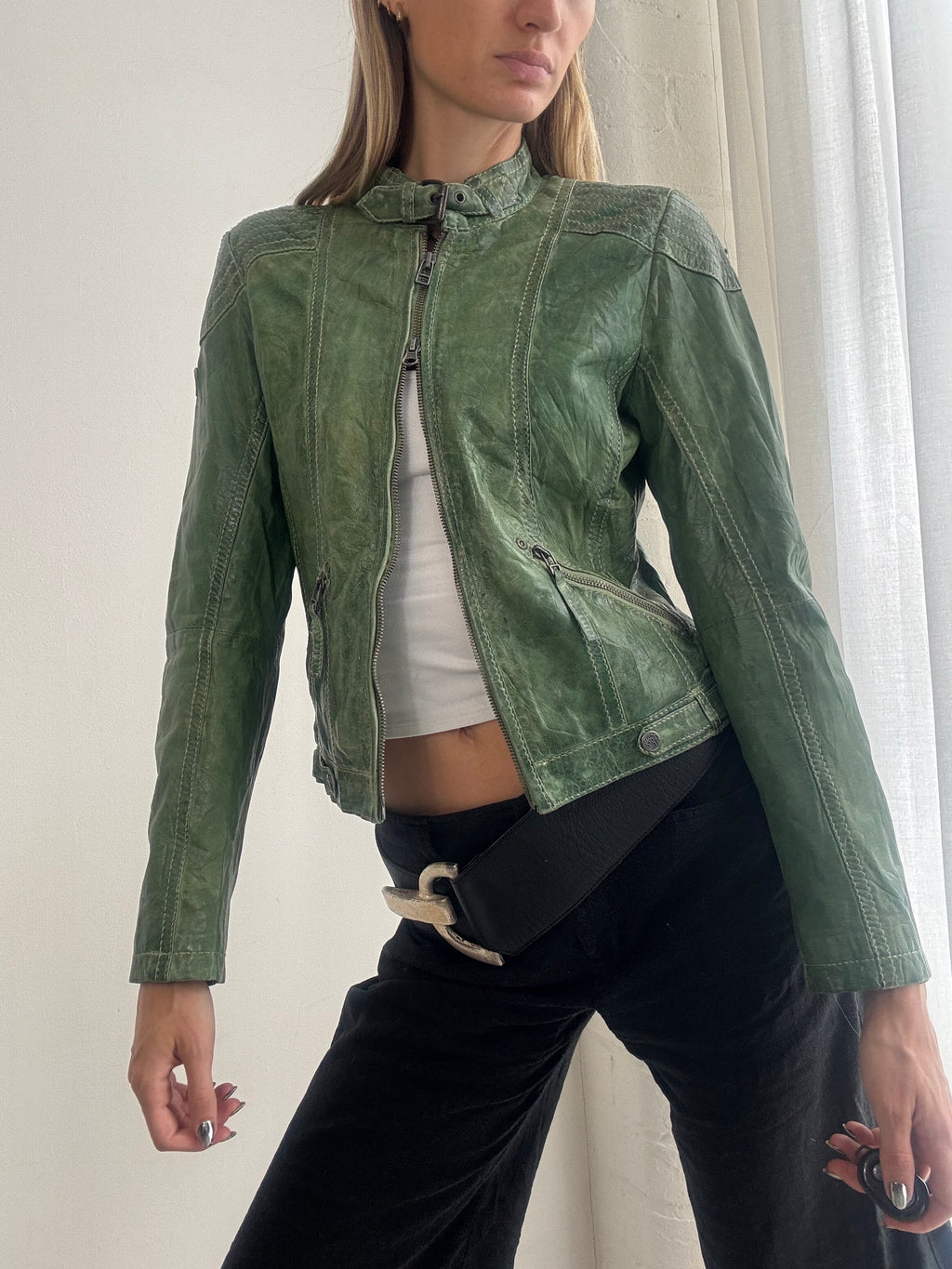 Vintage Y2k Green Leather Distressed Jacket – Fitted Zip-Up Biker Jacket - Size XS/S