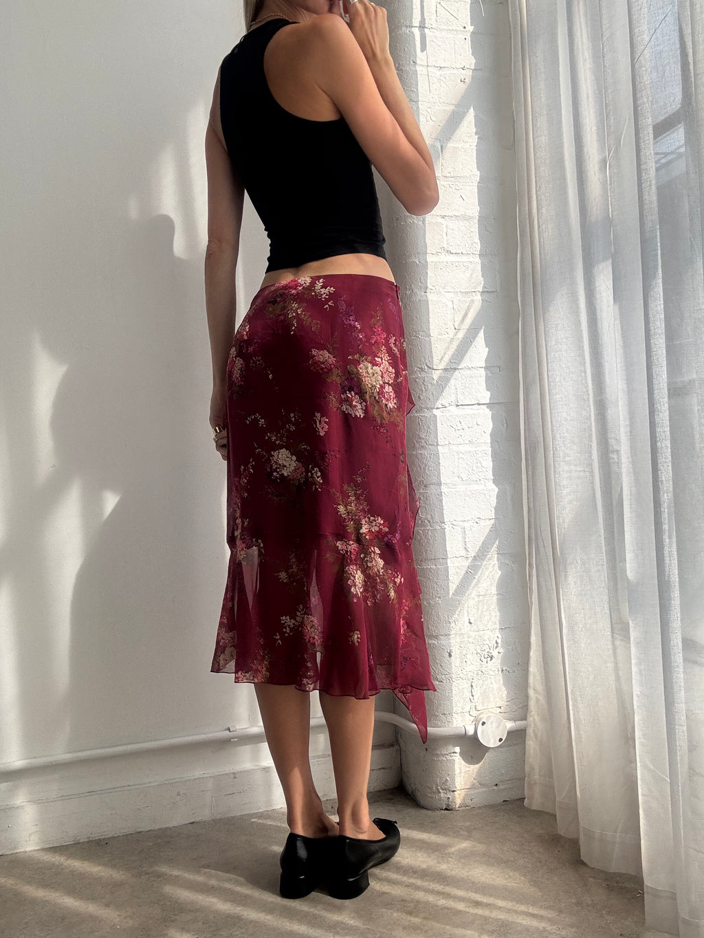 Vintage Y2K Burgundy 100% Silk Floral Asymmetric Midi Skirt - Size S