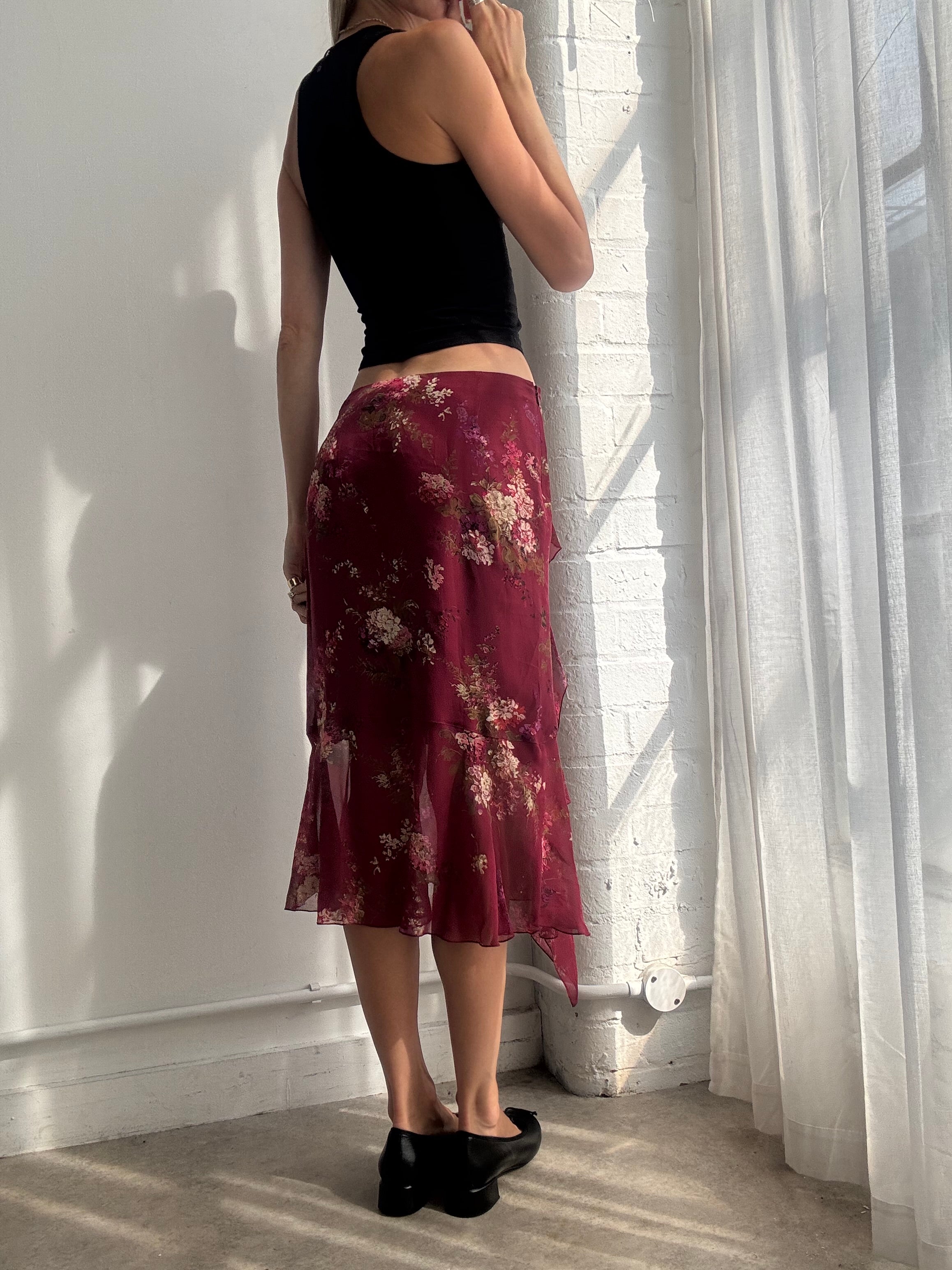 Vintage Y2K Burgundy 100% Silk Floral Asymmetric Midi Skirt - Size S