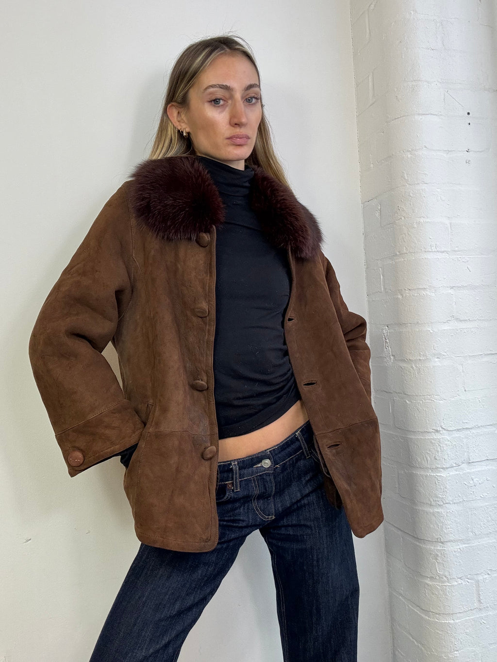 Vintage sheepskin coat with fox fur trim