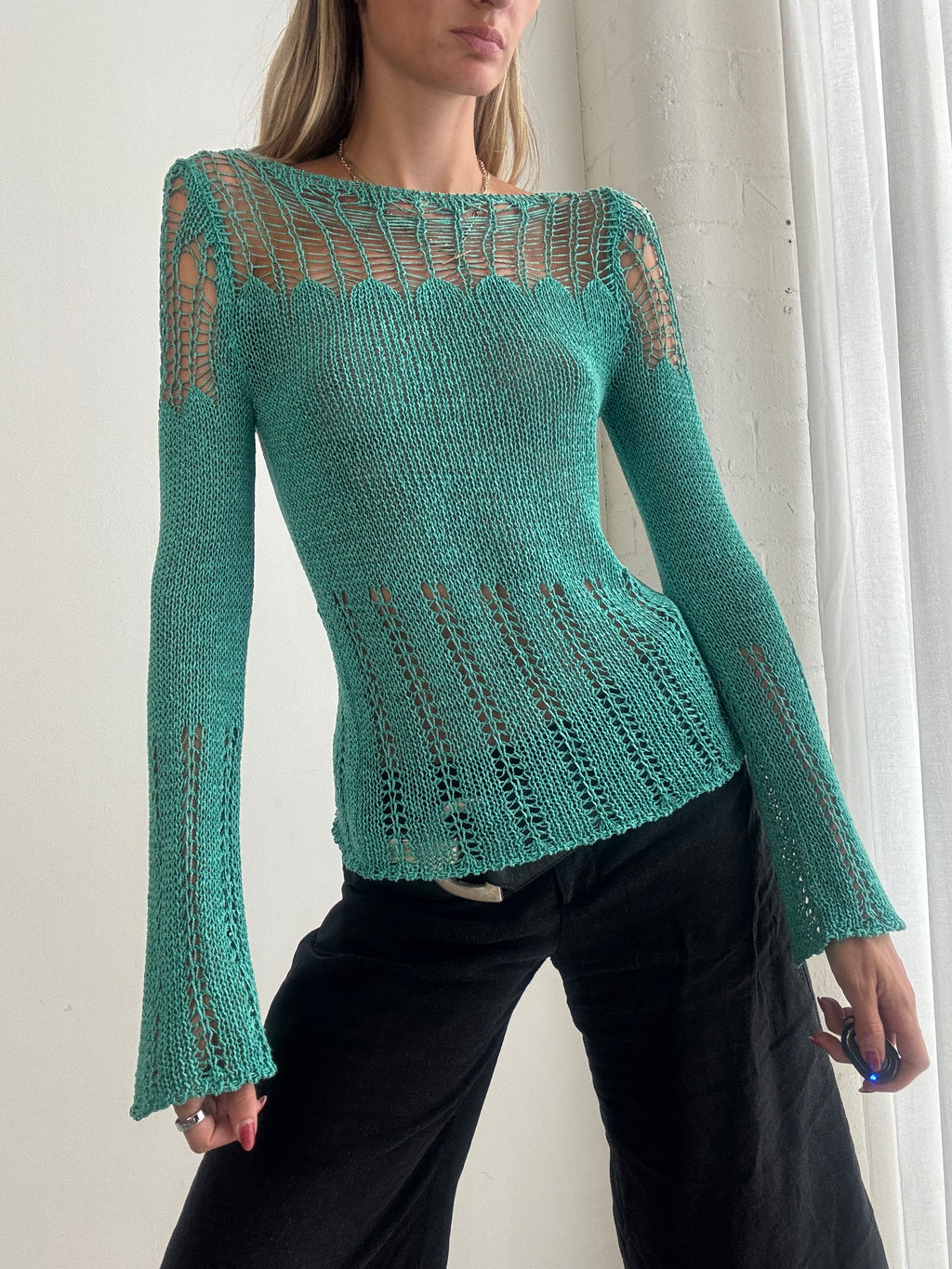 Vintage Y2K Turquoise Crochet Knit Top – Flared Sleeve Jumper - Size S