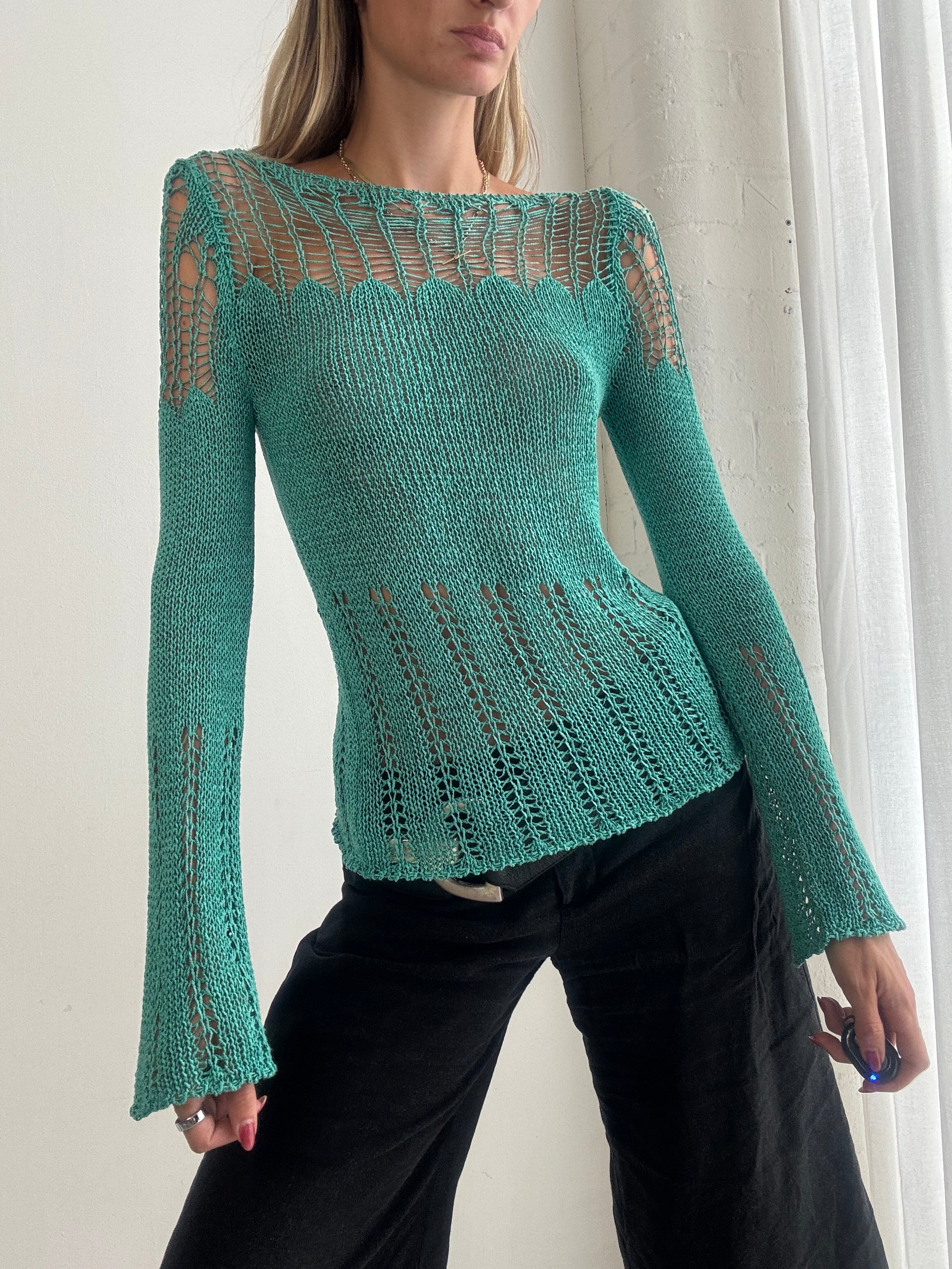 Vintage Y2K Turquoise Crochet Knit Top – Flared Sleeve Jumper - Size S